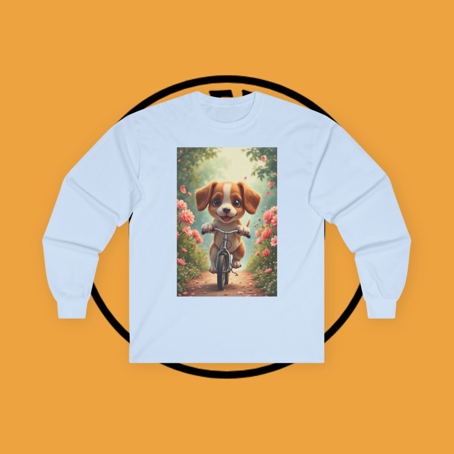 Happy Puppy Riding Bike Spring Flowers Long Sleeve Tee Gift