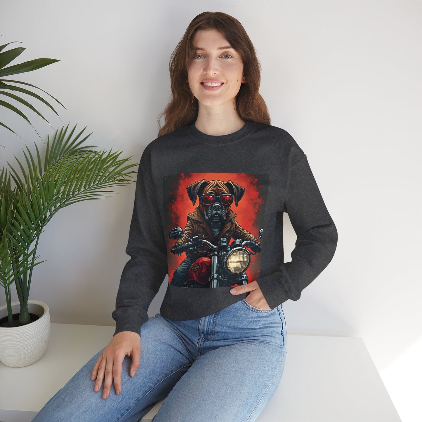 Biker Boxer Dog Crewneck Sweatshirt - Motorcycle Rebel Pup Design - Badass Pet Lover Style
