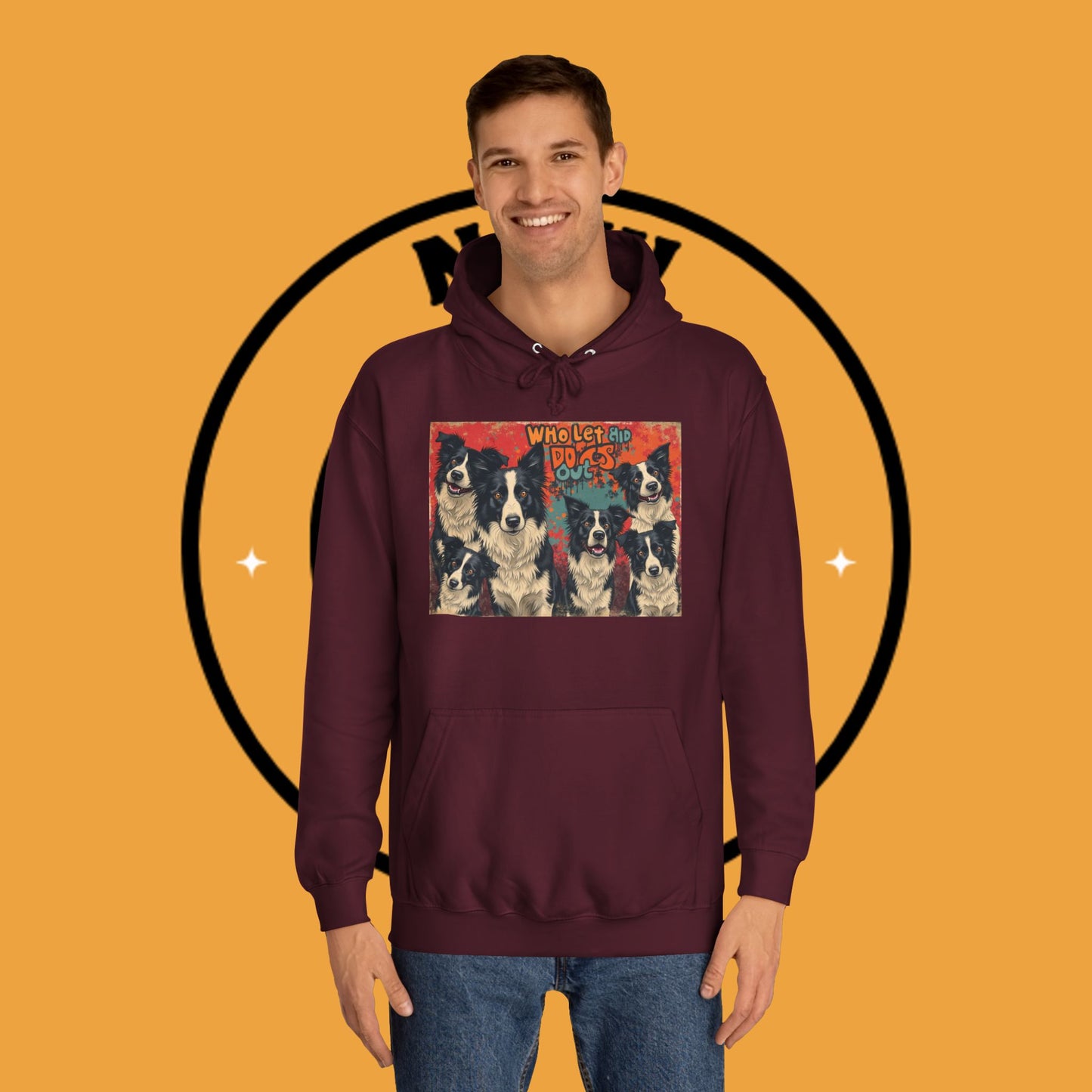 "Who Let the Dogs Out Border Collie Hoodie - Funny 90s Nostalgia Dog Pack Sweatshirt | Retro Music Design"