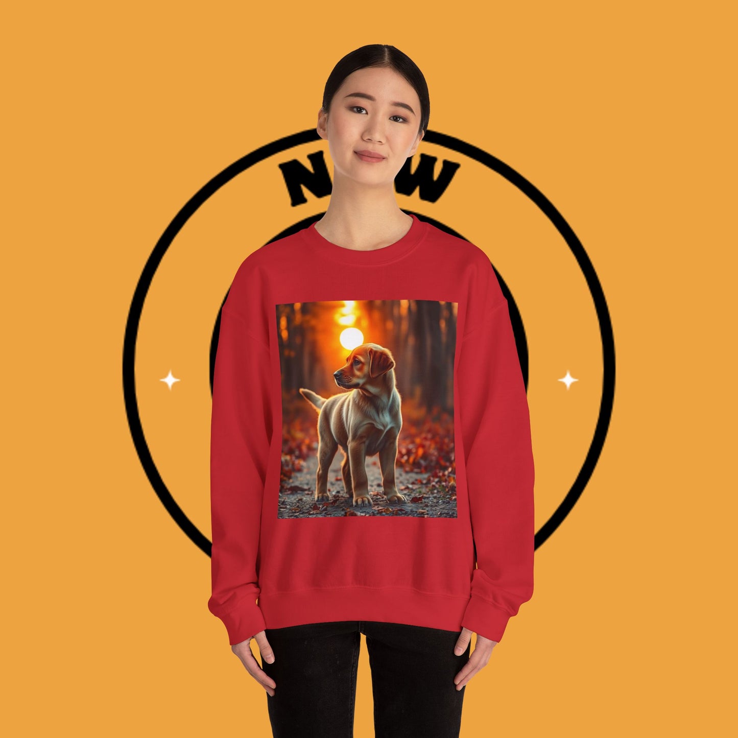 Crewneck Sweatshirt - Labrador Puppy in Autumn Forest with Golden Sunset Light Design