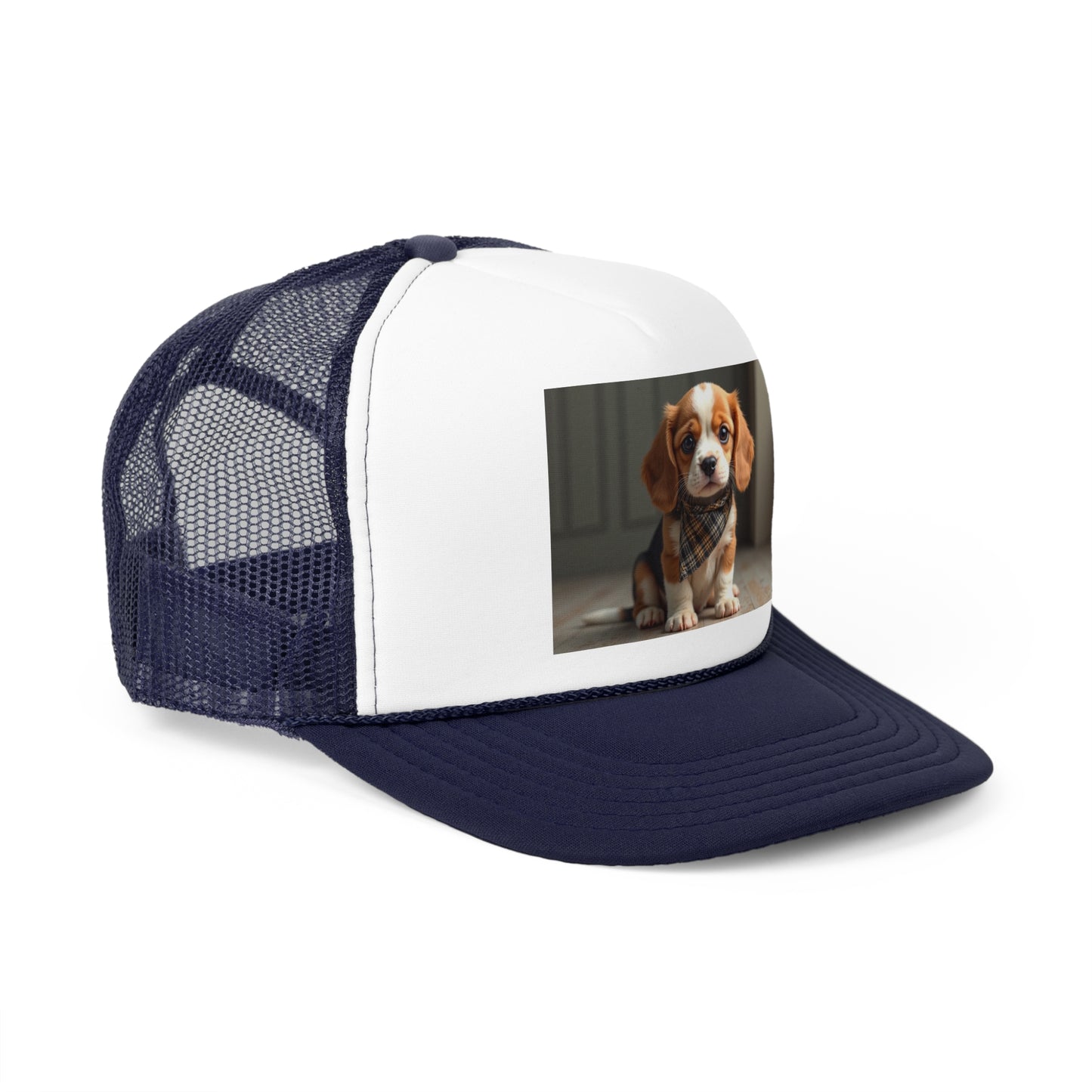 Stylish Beagle Puppy with Plaid Bandana Trucker Hat - Premium Dog Lover Cap - Adorable Dog Lover Unisex Cap