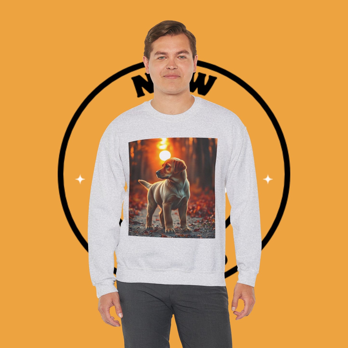 Crewneck Sweatshirt - Labrador Puppy in Autumn Forest with Golden Sunset Light Design