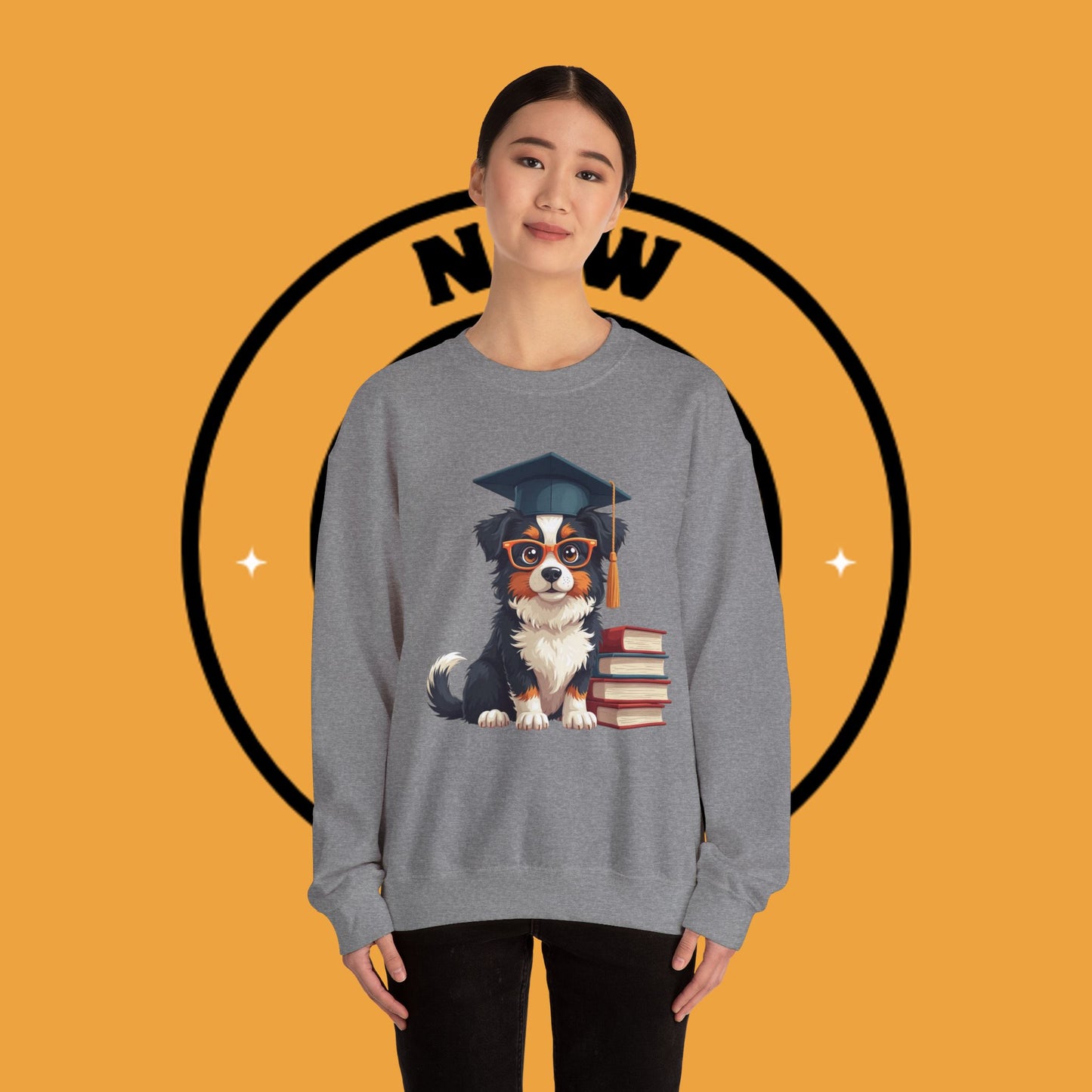 Graduation Dog Crewneck Sweatshirt - Smart Puppy Graduate Cap Books | Academic Achievement Gift