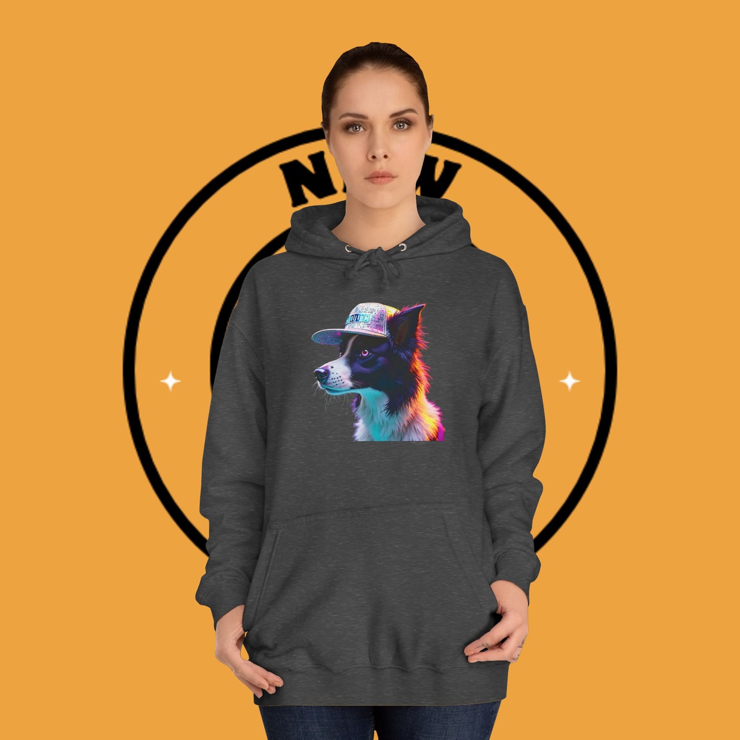 "Neon Rainbow Dog Hoodie - Vibrant Border Collie Street Art Design | Unisex Premium Streetwear"