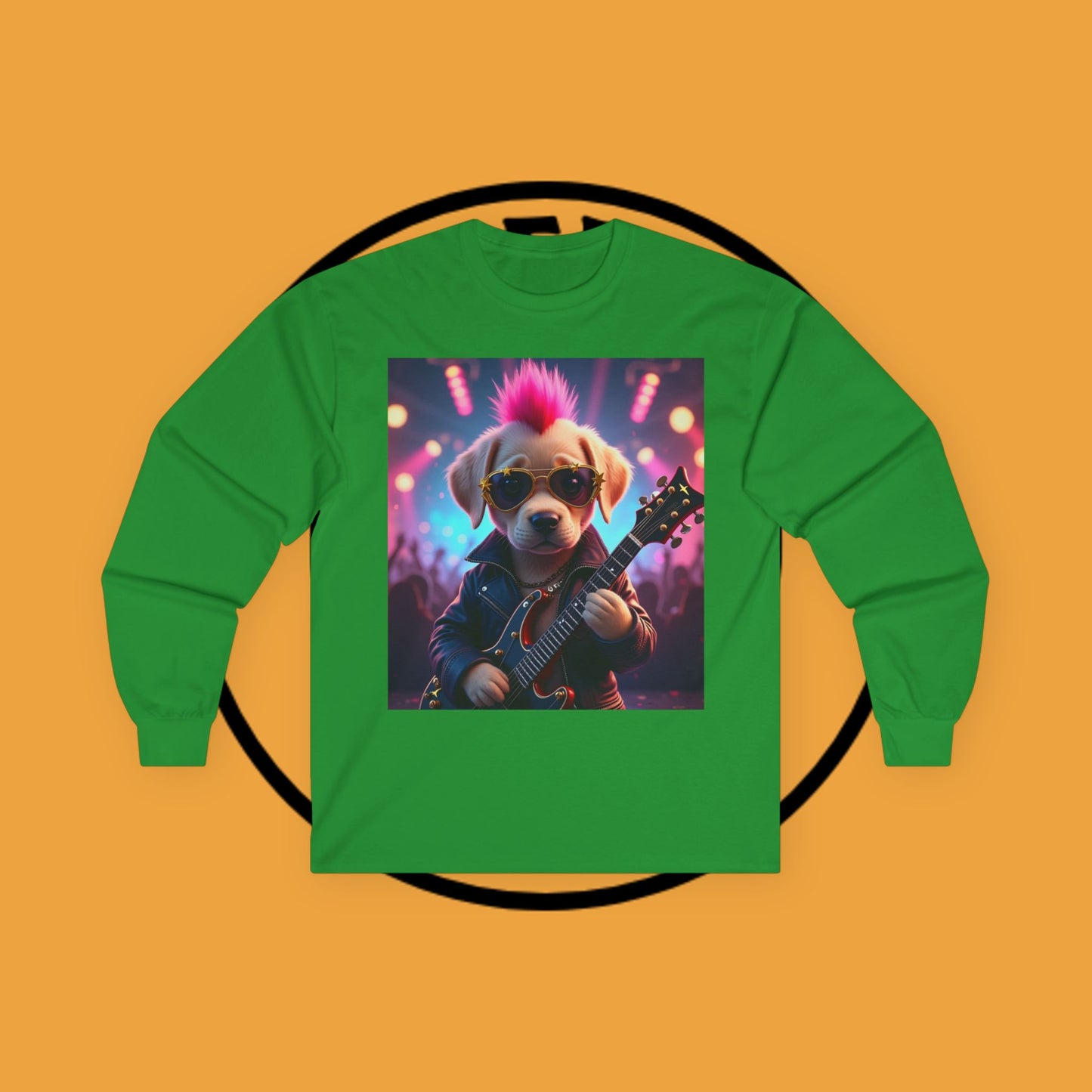 Long Sleeve T-Shirt - Punk Puppy with Electric Guitar - Design for Music Lovers Rockin' - Dog with Electric Guitar and Pink Mohawk - 🎸🐾