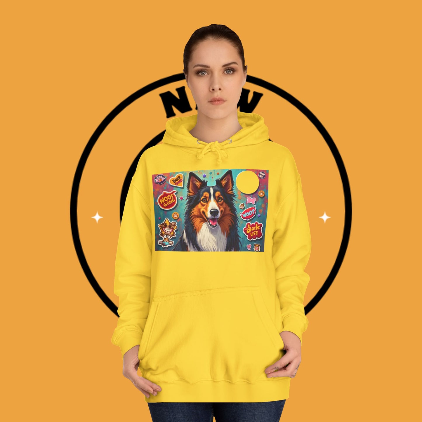 "Dog Sticker Pack Hoodie - Vibrant Collie with Fun Dog Patches Design | Millennial Pet Lover Streetwear"