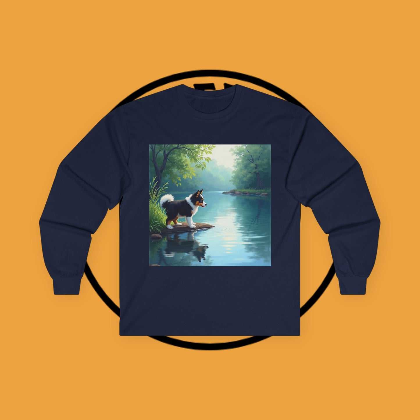"Adorable Puppy by Tranquil Lake Long Sleeve Tee - Peaceful Nature Dog Art Shirt - Serene Landscape Apparel"