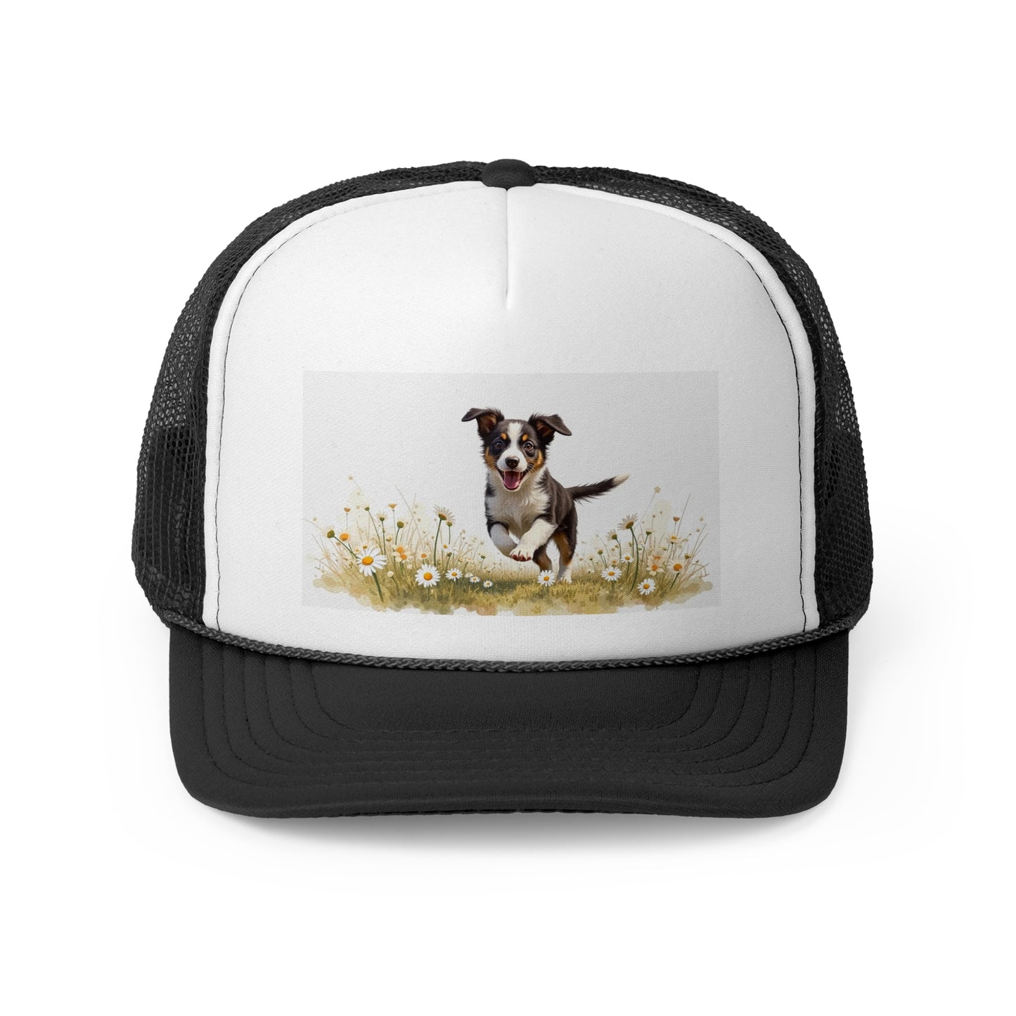Happy Puppy in Daisies Trucker Hat - Joyful Dog Running Cap - Spring Meadow Baseball Hat