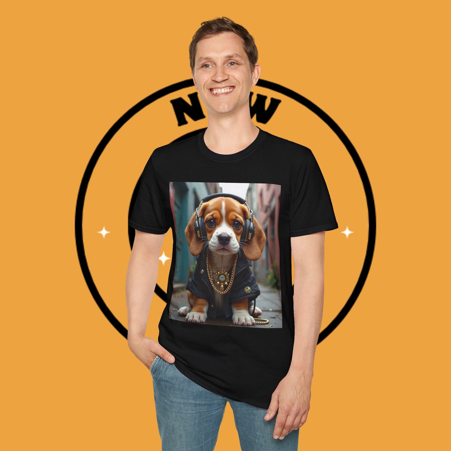 Hip Hop Beagle Dog T-Shirt - Cool Puppy with Headphones & Gold Chains Graphic Tee