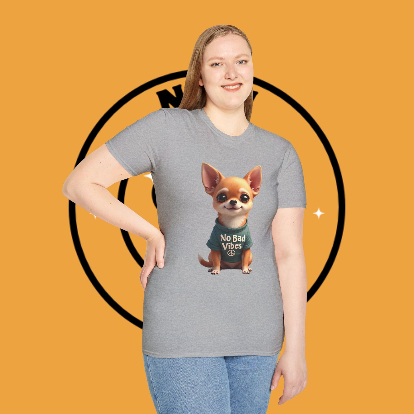 No Bad Vibes Chihuahua T-Shirt - Positive Energy Dog Art - Peace Symbol Pet Tee - Mental Health Wellness Shirt