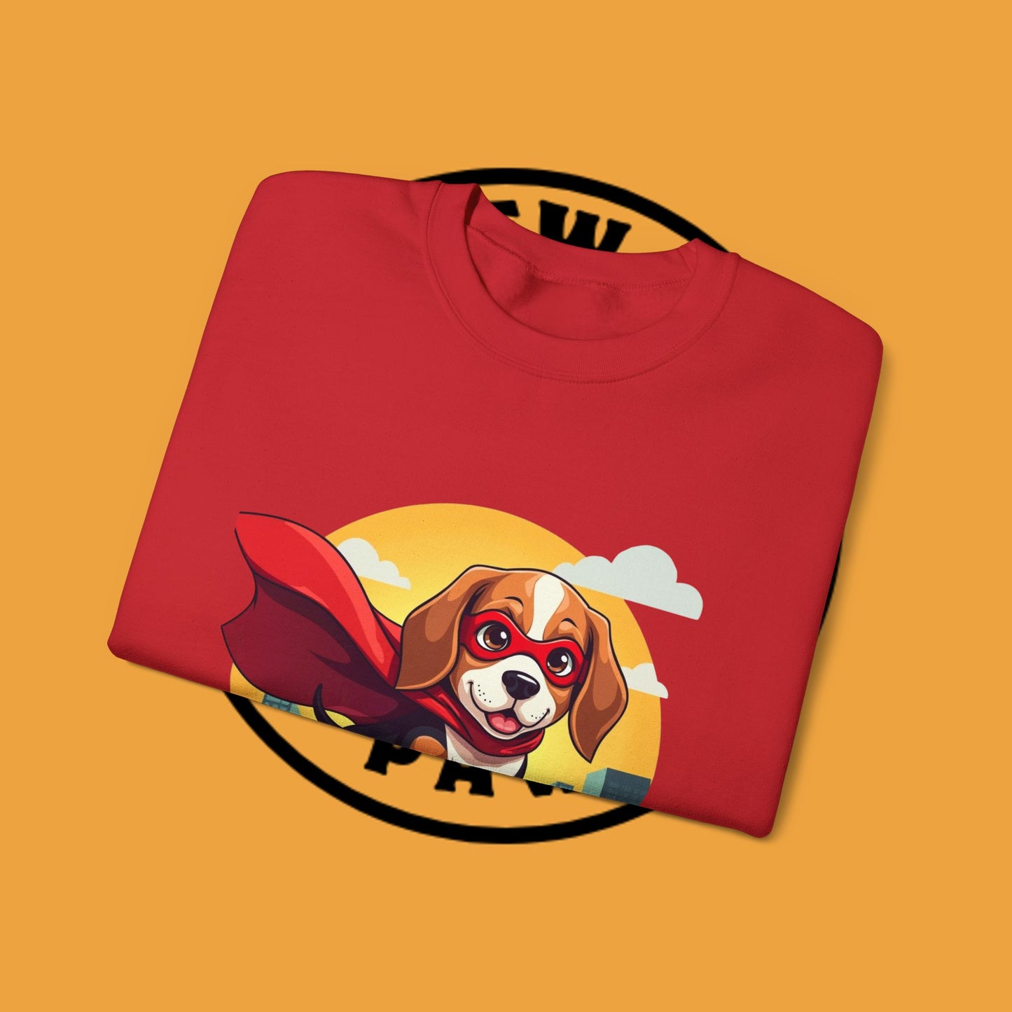 Superhero Dog Crewneck Sweatshirt - Flying Beagle Design with Red Cape and Mask