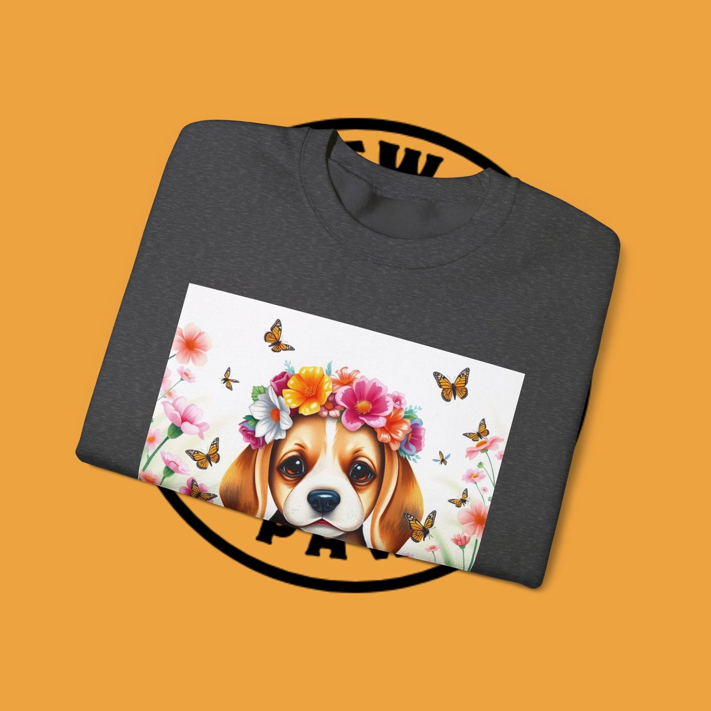 Flower Wreath Dog Crewneck Sweatshirt - Spring Beagle Design with Butterflies