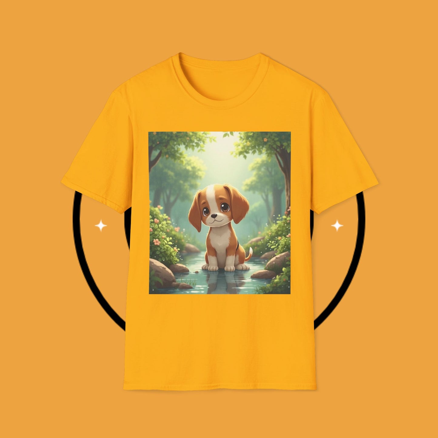 Magical Forest Beagle Puppy T-Shirt - Enchanted Nature Scene with Adorable Dog Design