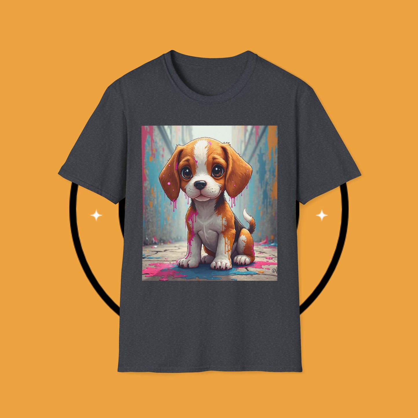 Beagle Street Art T-Shirt - Urban Paint Splatter Dog Design | Artistic Puppy Graffiti Tee for Creative Souls
