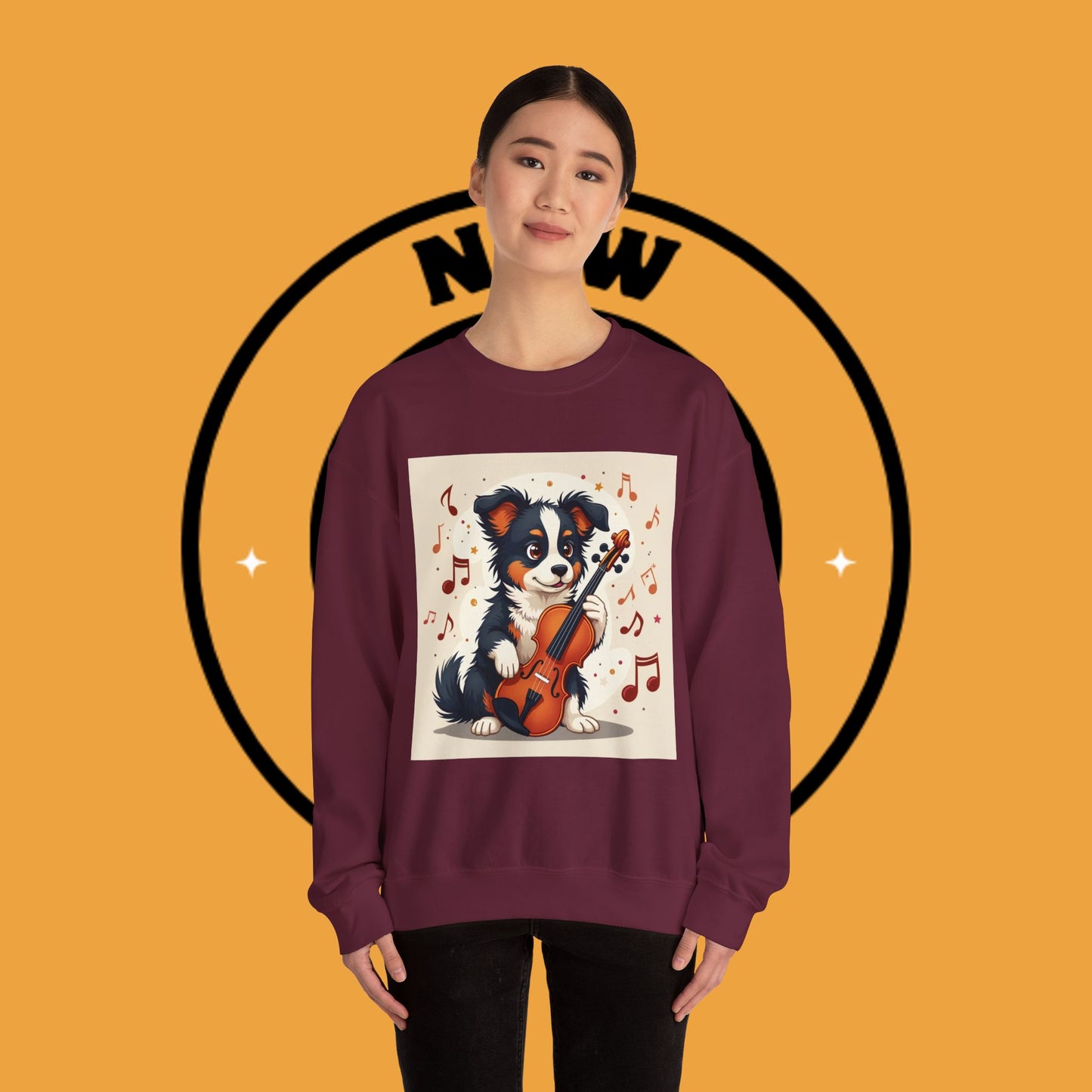 Music Dog Crewneck Sweatshirt - Cute Puppy Violinist with Musical Notes Design | Musician Gift