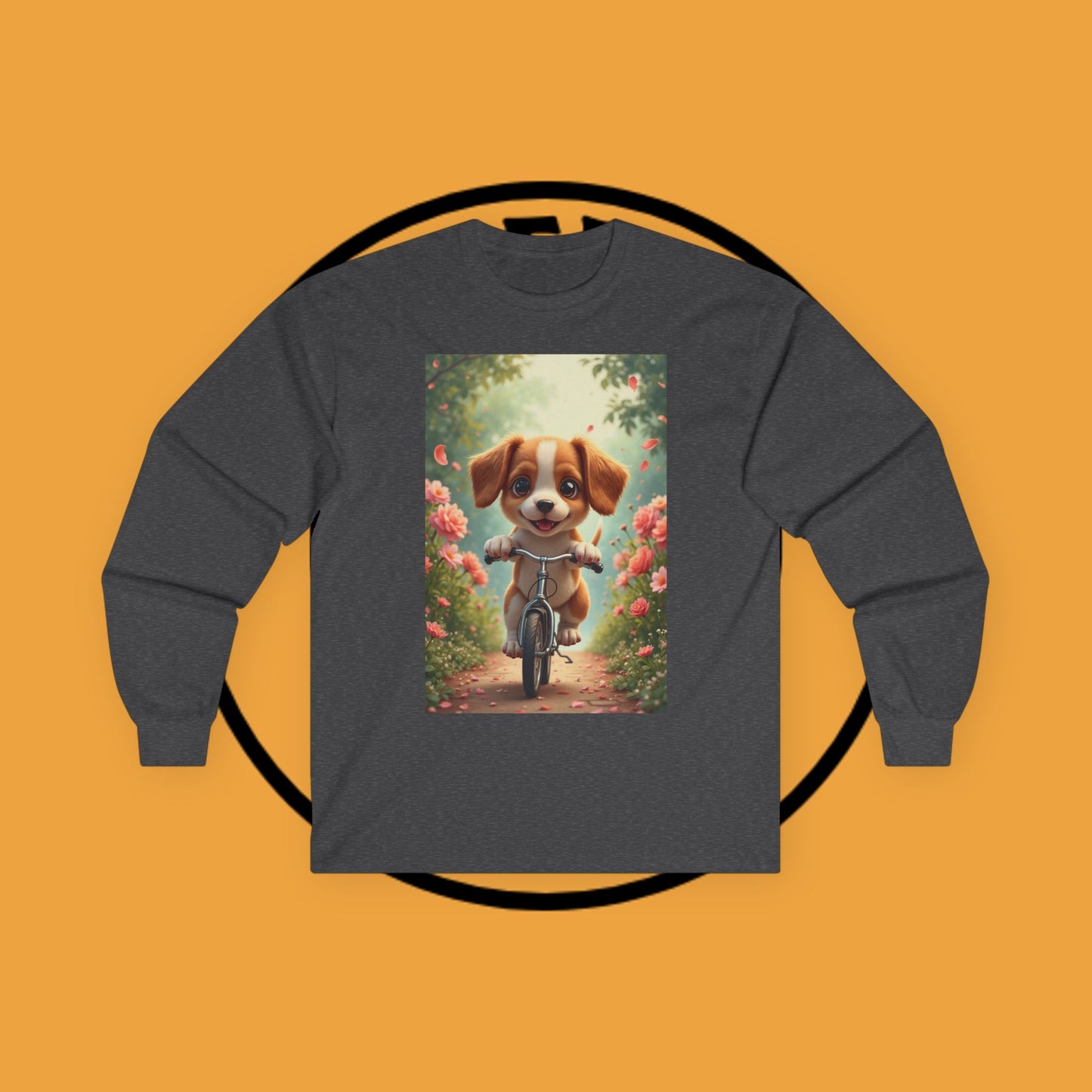Happy Puppy Riding Bike Spring Flowers Long Sleeve Tee Gift