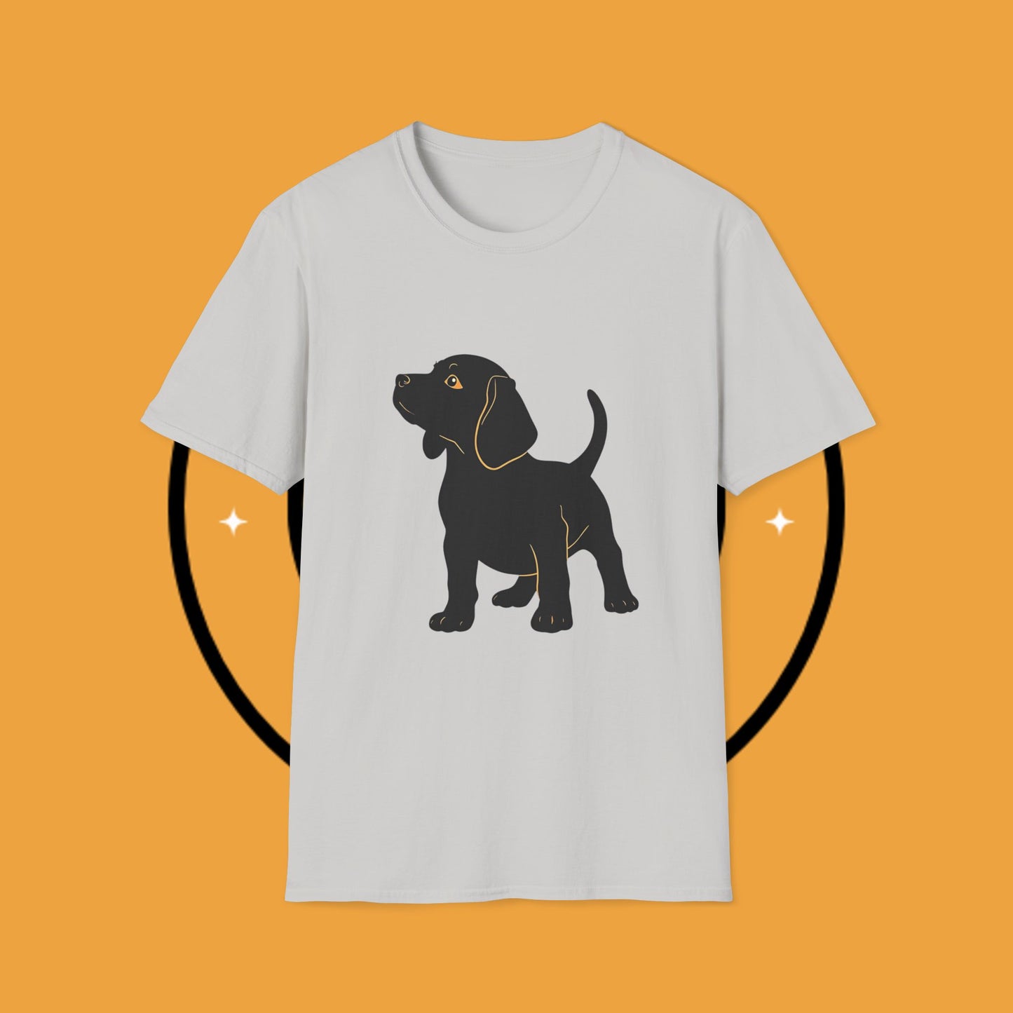 Minimalist Black Beagle Puppy T-Shirt - Simple Dog Silhouette Design | Modern Pet Lover Tee with Gold Accents