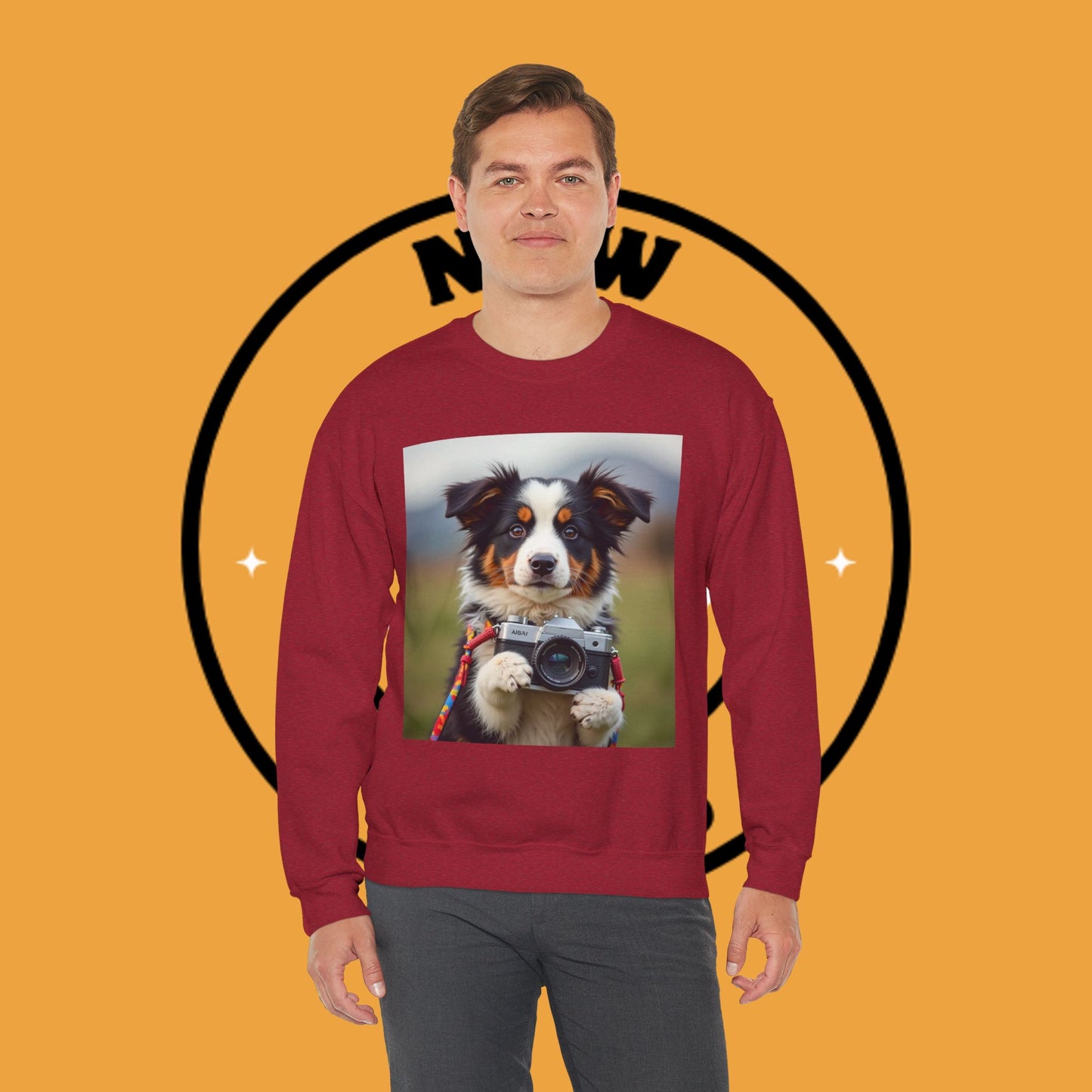Photographer Dog Crewneck Sweatshirt - Cute Puppy with Vintage Camera Design | Photography Lover Gift