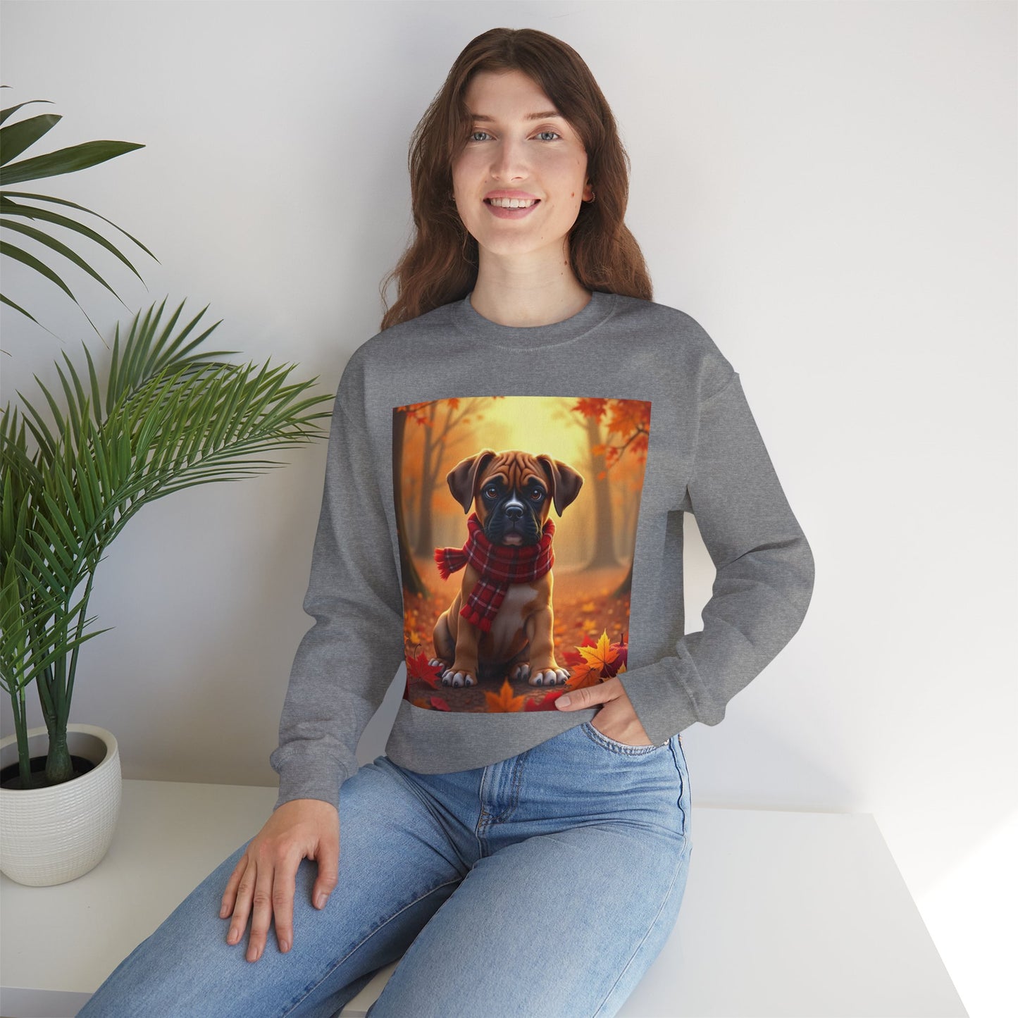 Cute Boxer Puppy Autumn Crewneck Sweatshirt | Fall Dog Lover Gift | Cozy Plaid Scarf Design