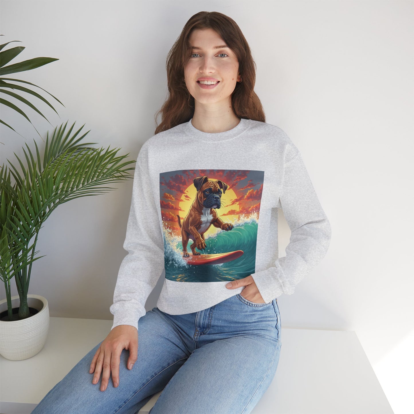 Surfing Boxer Dog Crewneck Sweatshirt | Funny Beach Surfer Gift | Epic Wave Riding Pup Design
