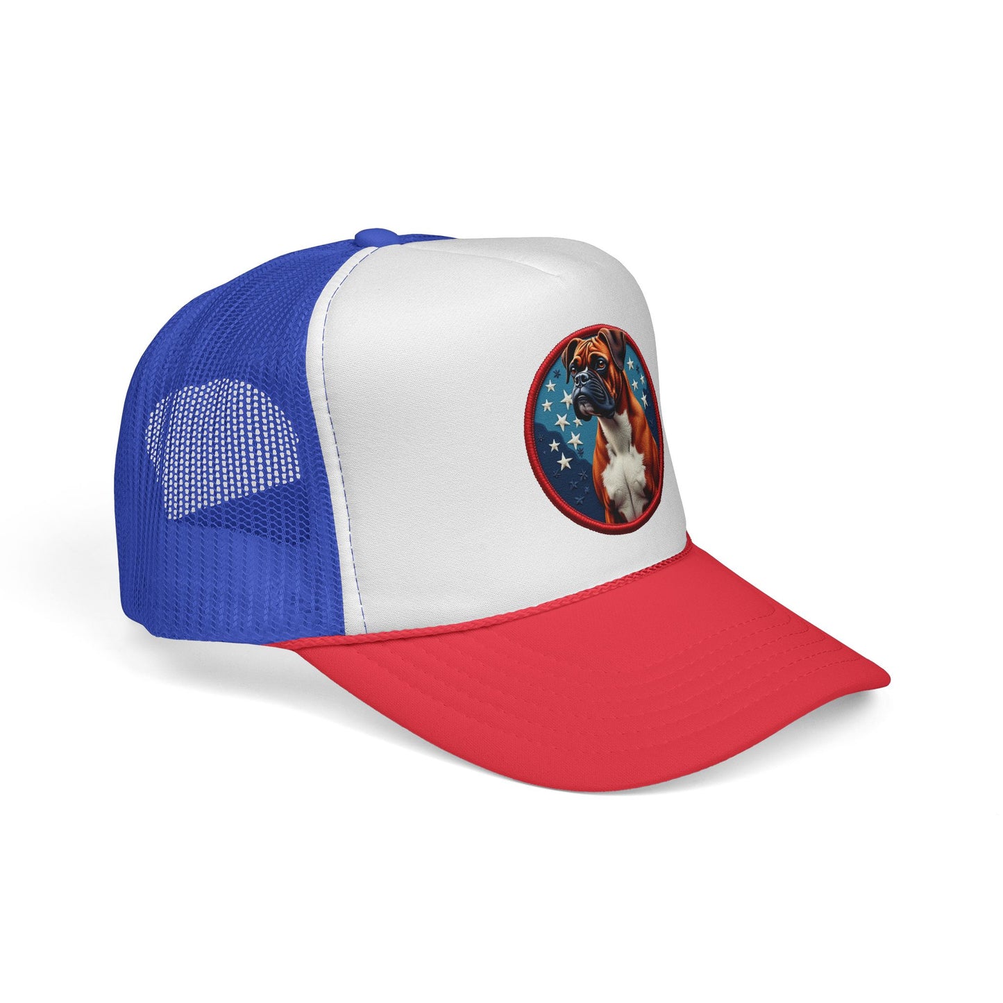 "Americana Boxer Dog Patch Trucker Cap - Patriotic Stars Design | USA Flag Colors Snapback Hat | Military Style Baseball Cap"