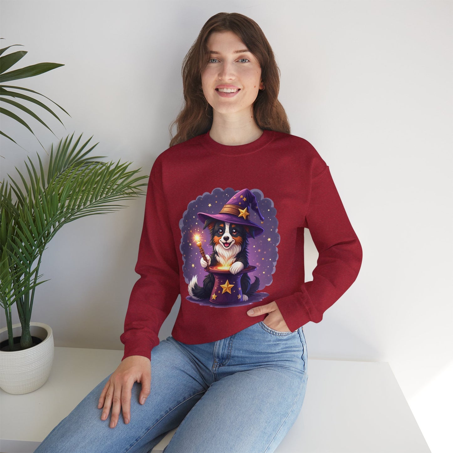 Magical Wizard Dog Crewneck Sweatshirt - Adorable Puppy Magician with Hat & Wand | Fantasy Pet Lover Gift Tee