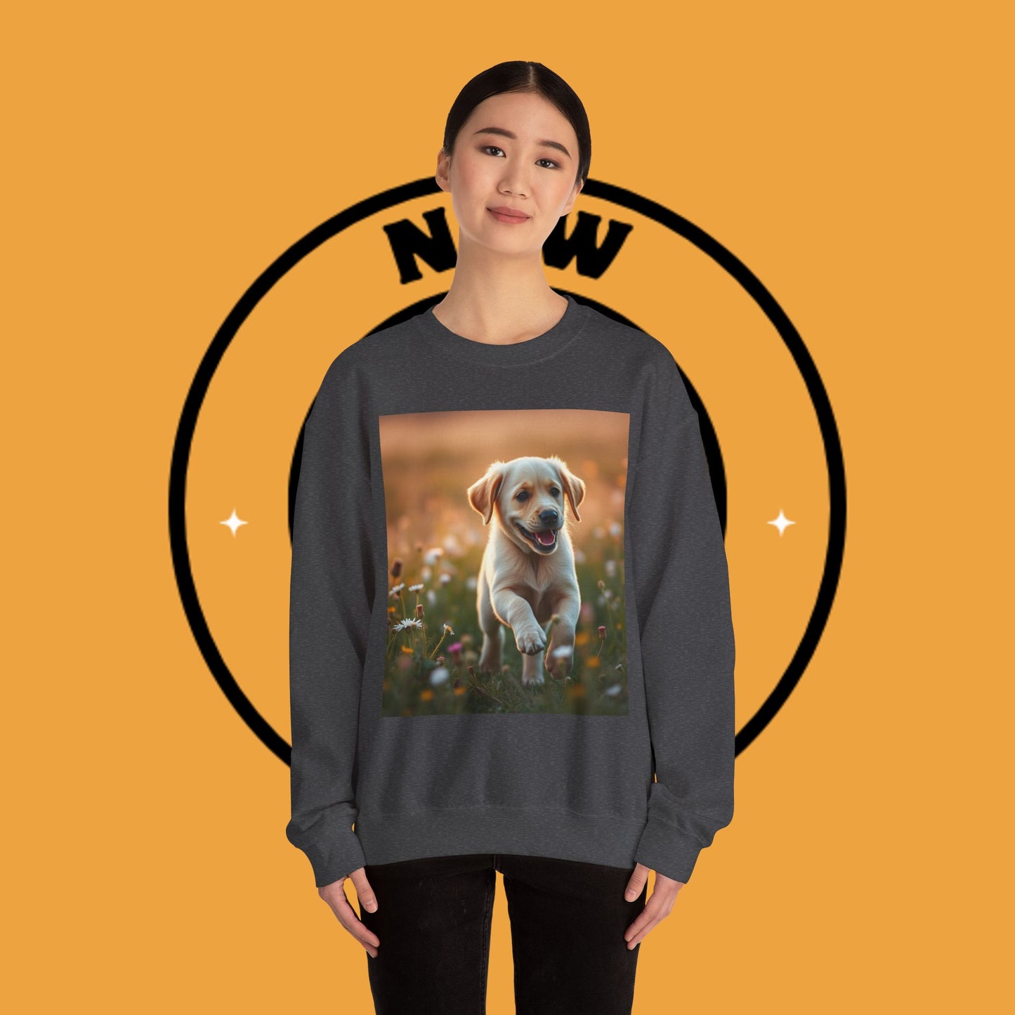 Unisex Dog Lover Crewneck Sweatshirt - Playful Labrador Puppy Running Through Wildflower Meadow