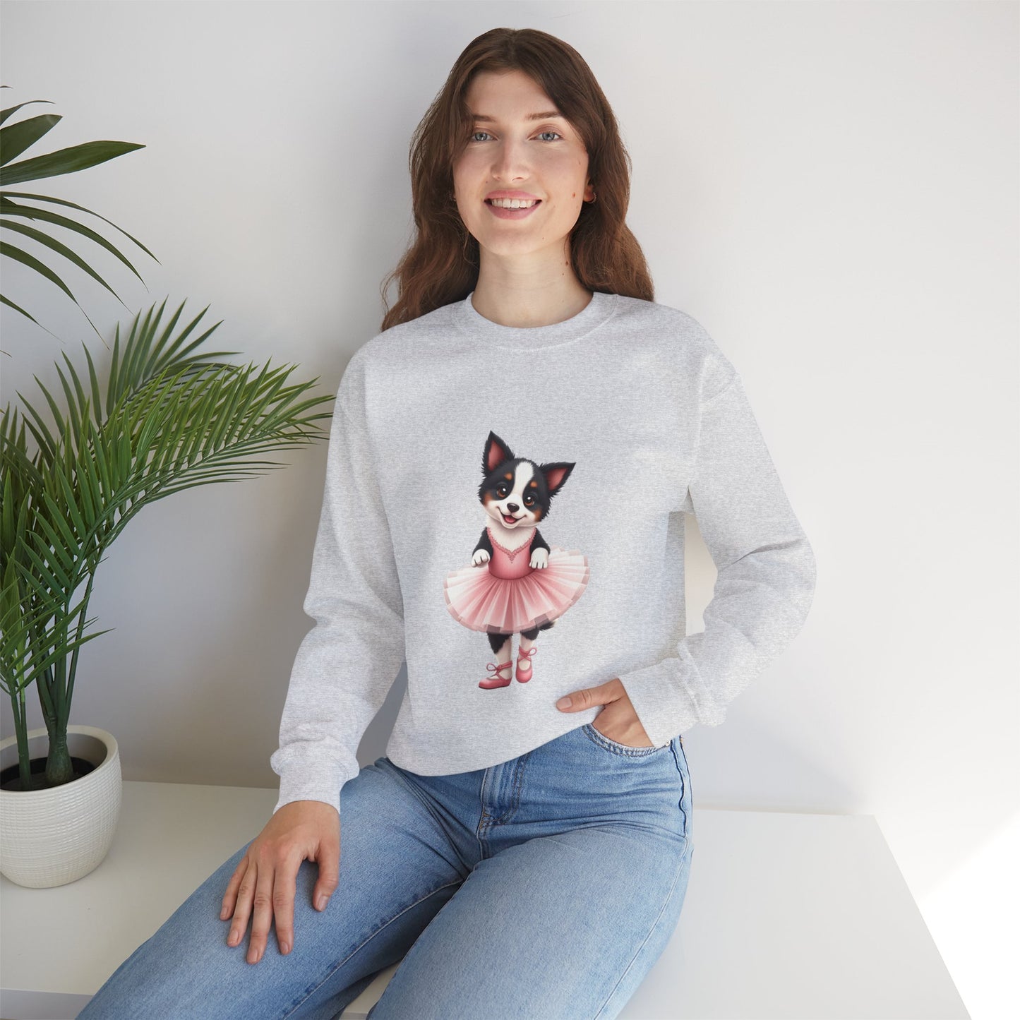 Cute Ballet Dog Crewneck Sweatshirt - Dancing Puppy in Pink Tutu Design | Kawaii Animal Lover Gift