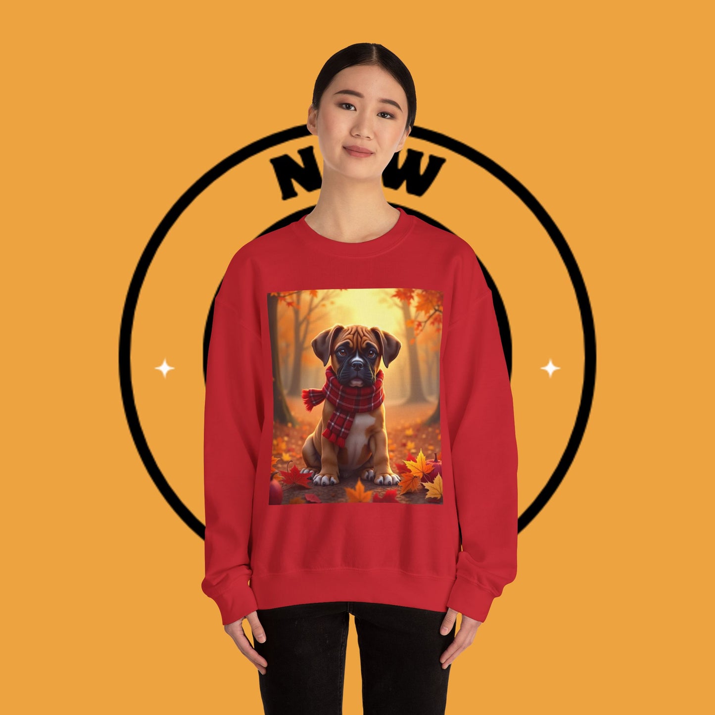 Cute Boxer Puppy Autumn Crewneck Sweatshirt | Fall Dog Lover Gift | Cozy Plaid Scarf Design