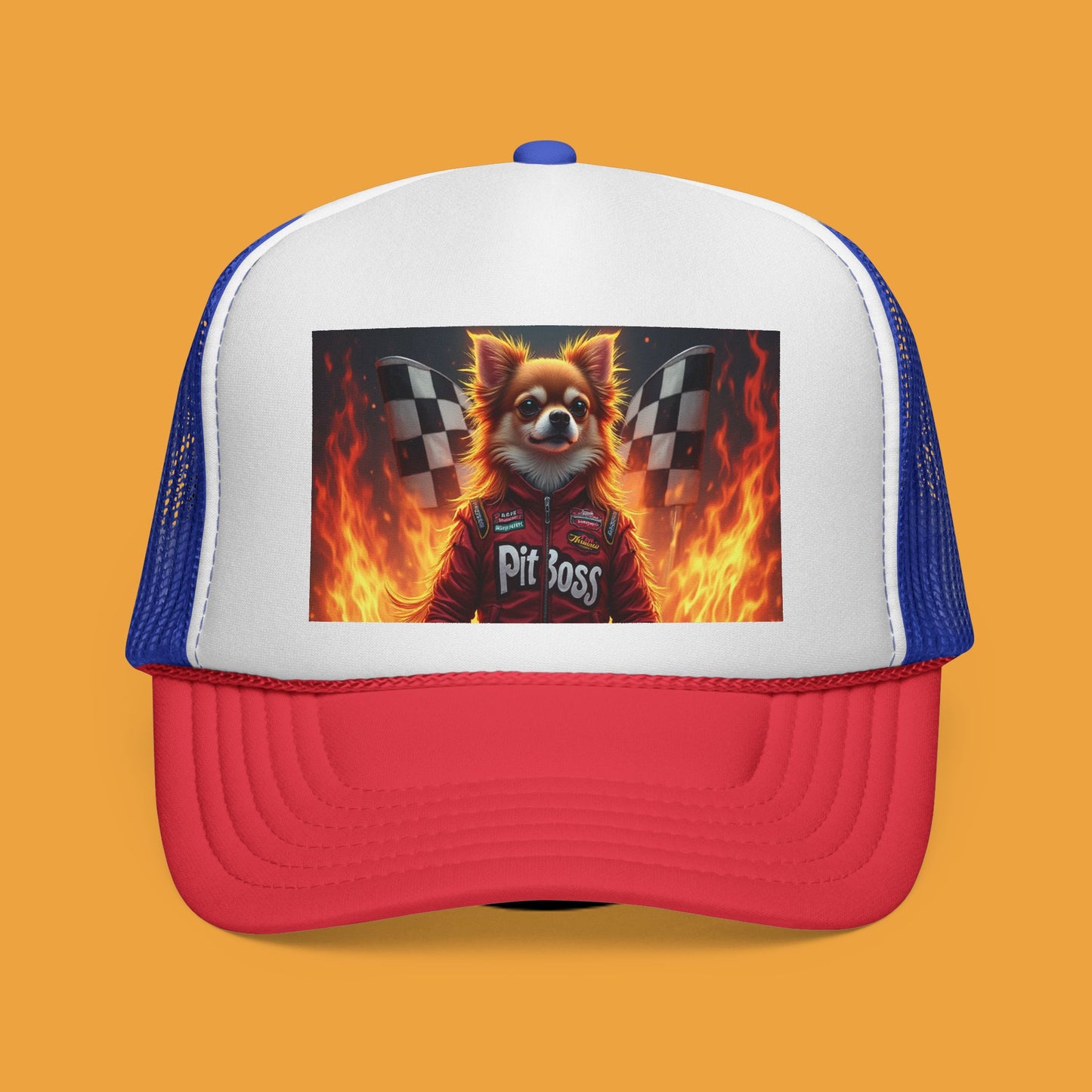 Pit Boss Chihuahua Racing Trucker Hat - Checkered Flag Fire Cap | Motorsports Dog Lover Speed Racing Baseball Hat