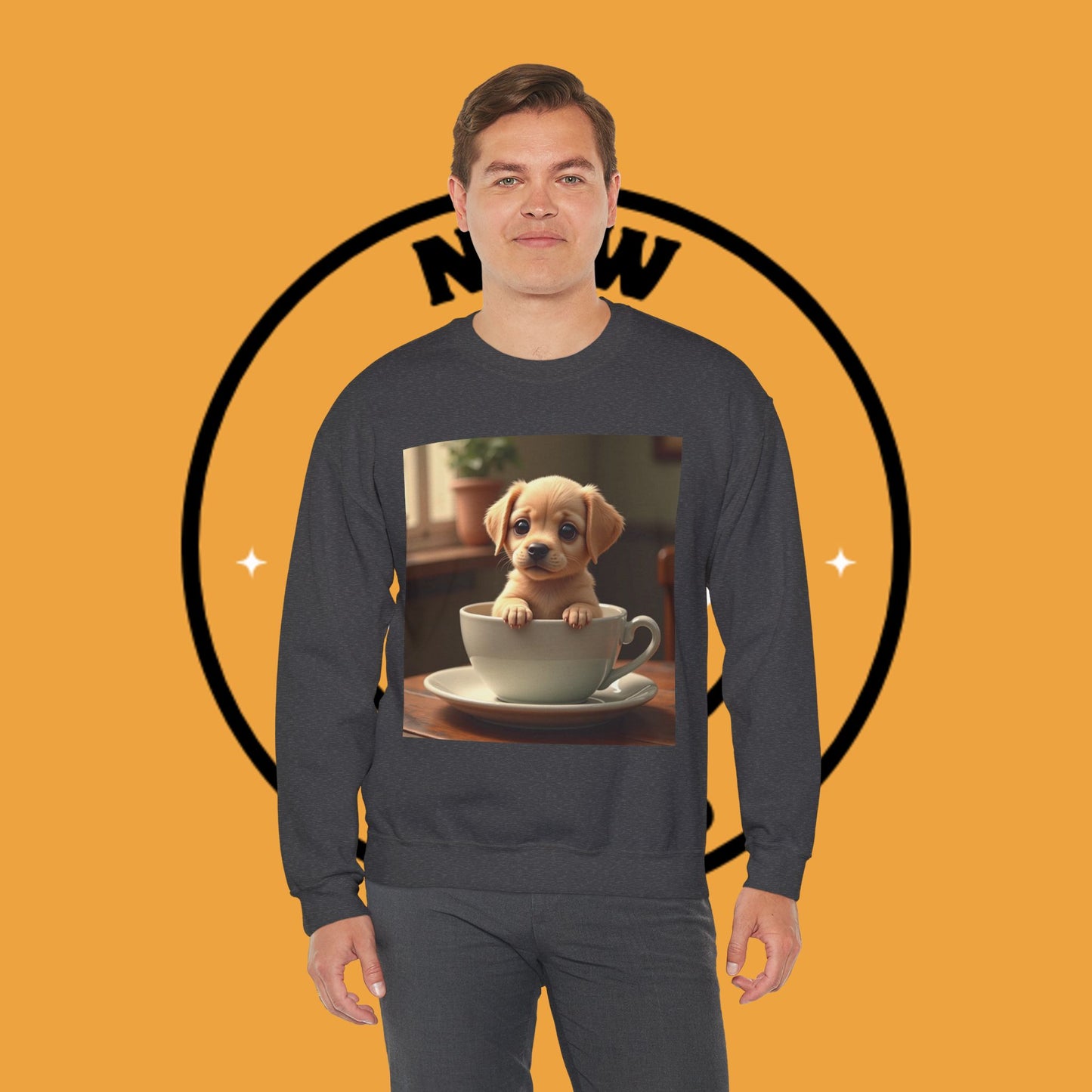 Unisex Dog Lover Crewneck Sweatshirt - Teacup Puppy: Adorable Yellow Lab in Coffee Cup