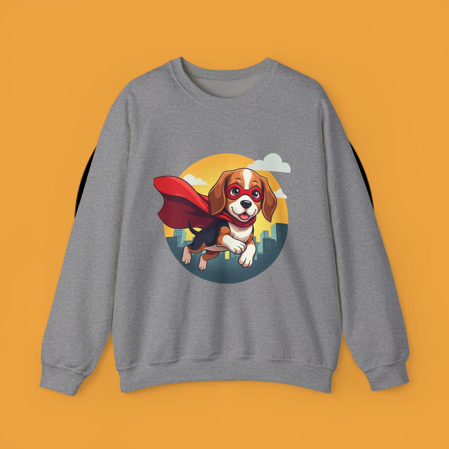Superhero Dog Crewneck Sweatshirt - Flying Beagle Design with Red Cape and Mask