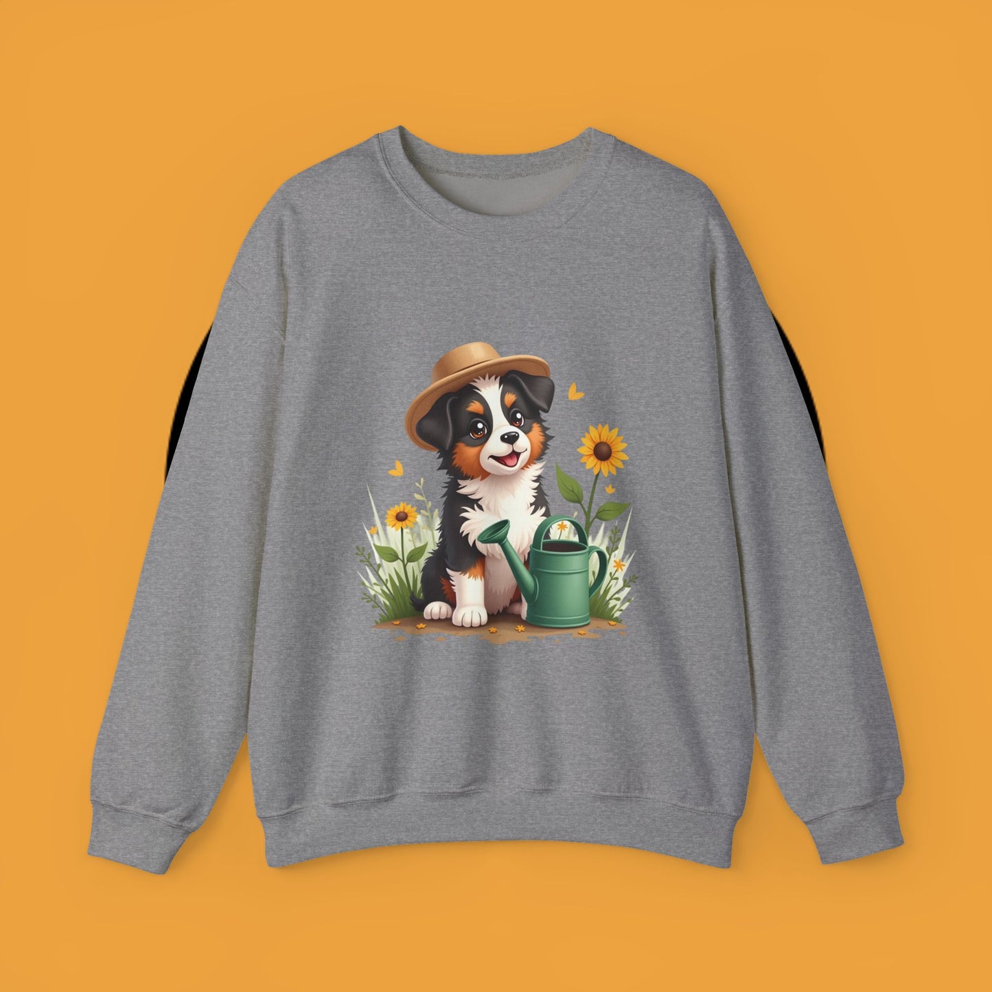 Garden Dog Crewneck Sweatshirt - Cute Puppy Gardener with Sunflowers Design | Green Thumb Gift