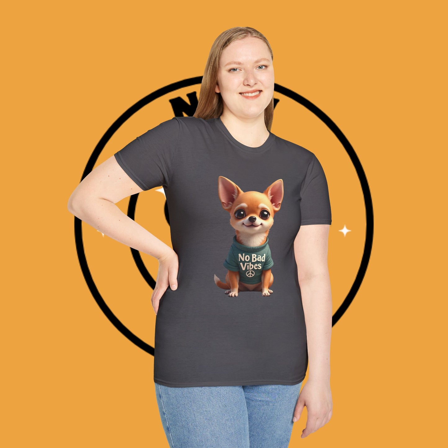 No Bad Vibes Chihuahua T-Shirt - Positive Energy Dog Art - Peace Symbol Pet Tee - Mental Health Wellness Shirt