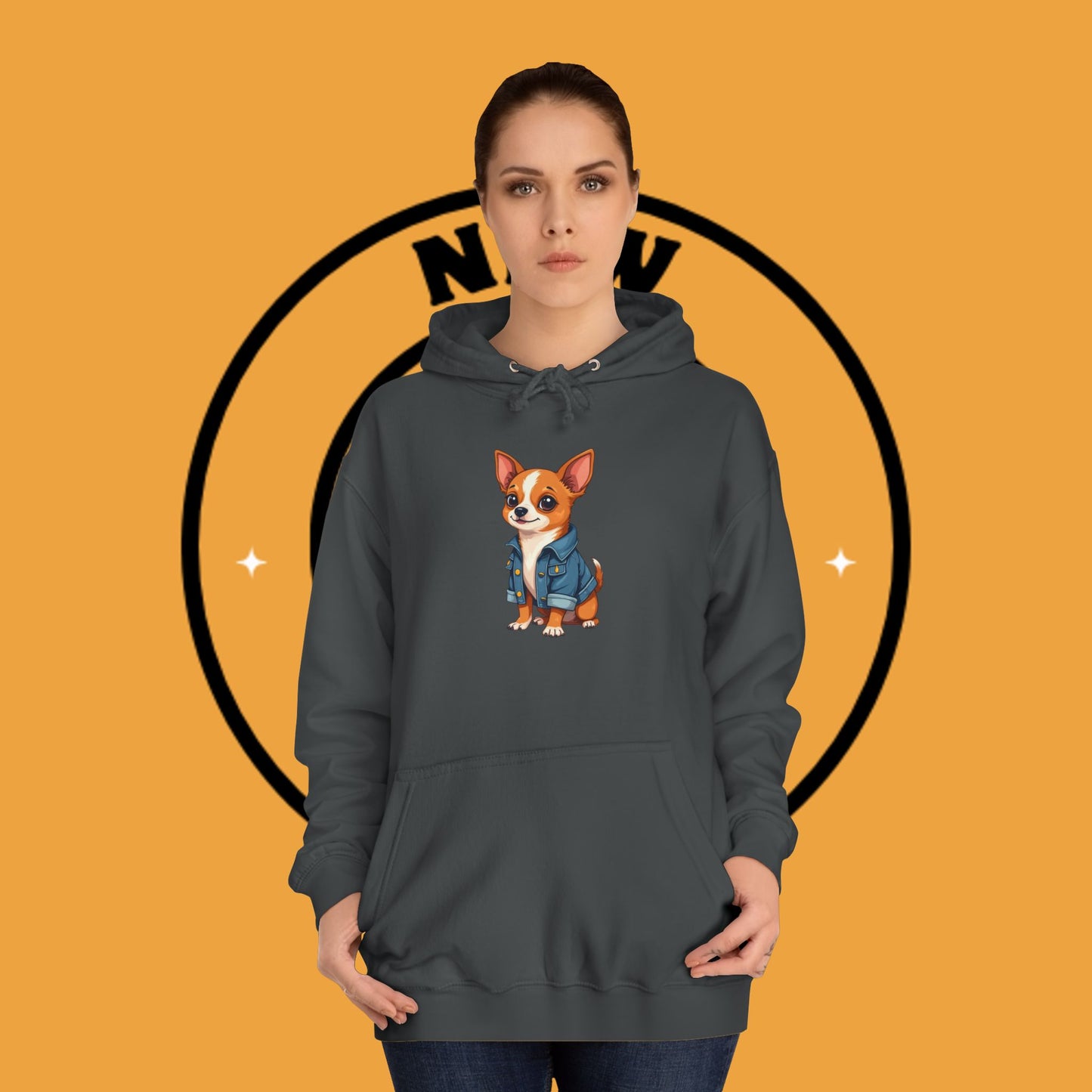 "Adorable Chihuahua in Denim Jacket Hoodie | Cute Dog Lover Gift | Premium Pet Fashion Streetwear"