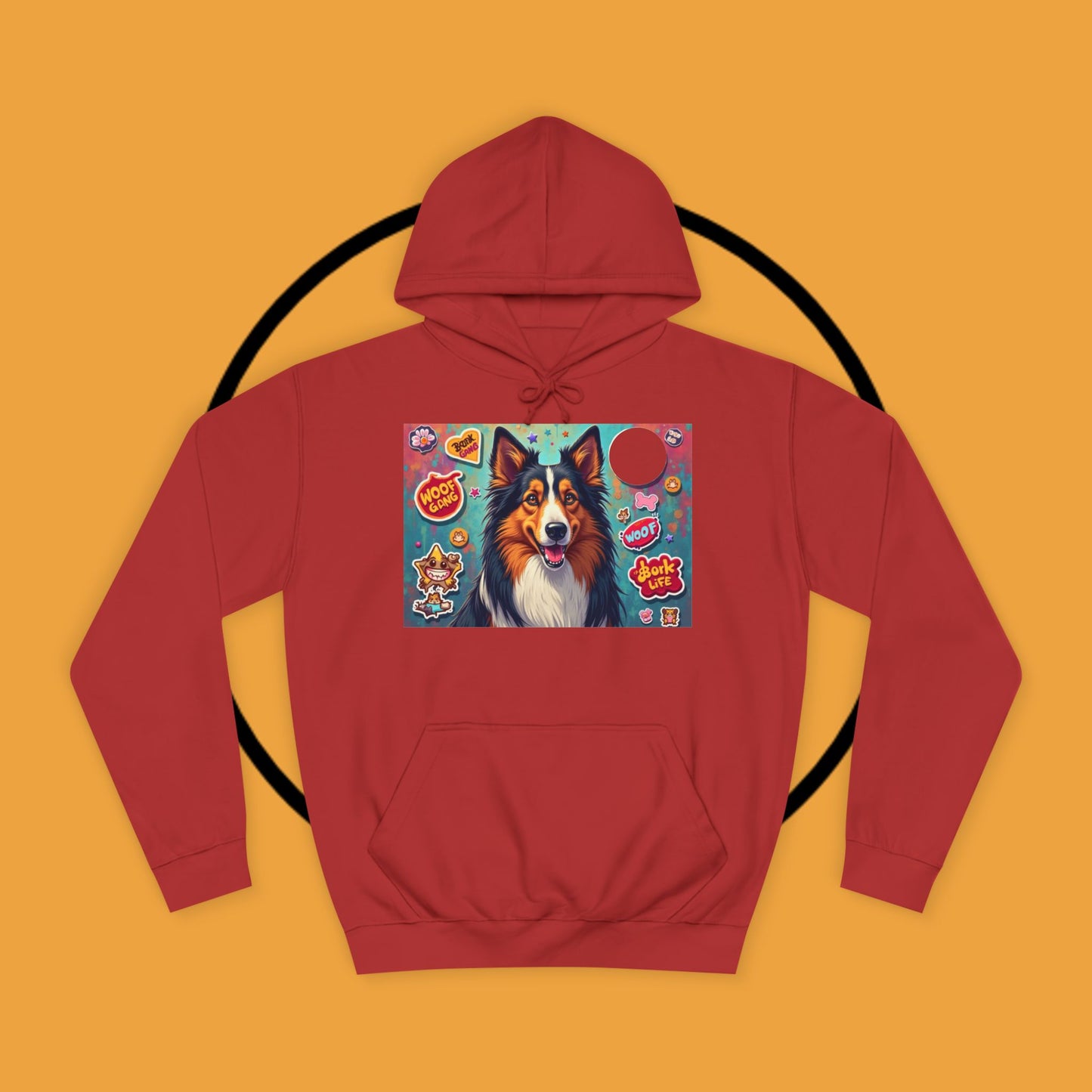 "Dog Sticker Pack Hoodie - Vibrant Collie with Fun Dog Patches Design | Millennial Pet Lover Streetwear"