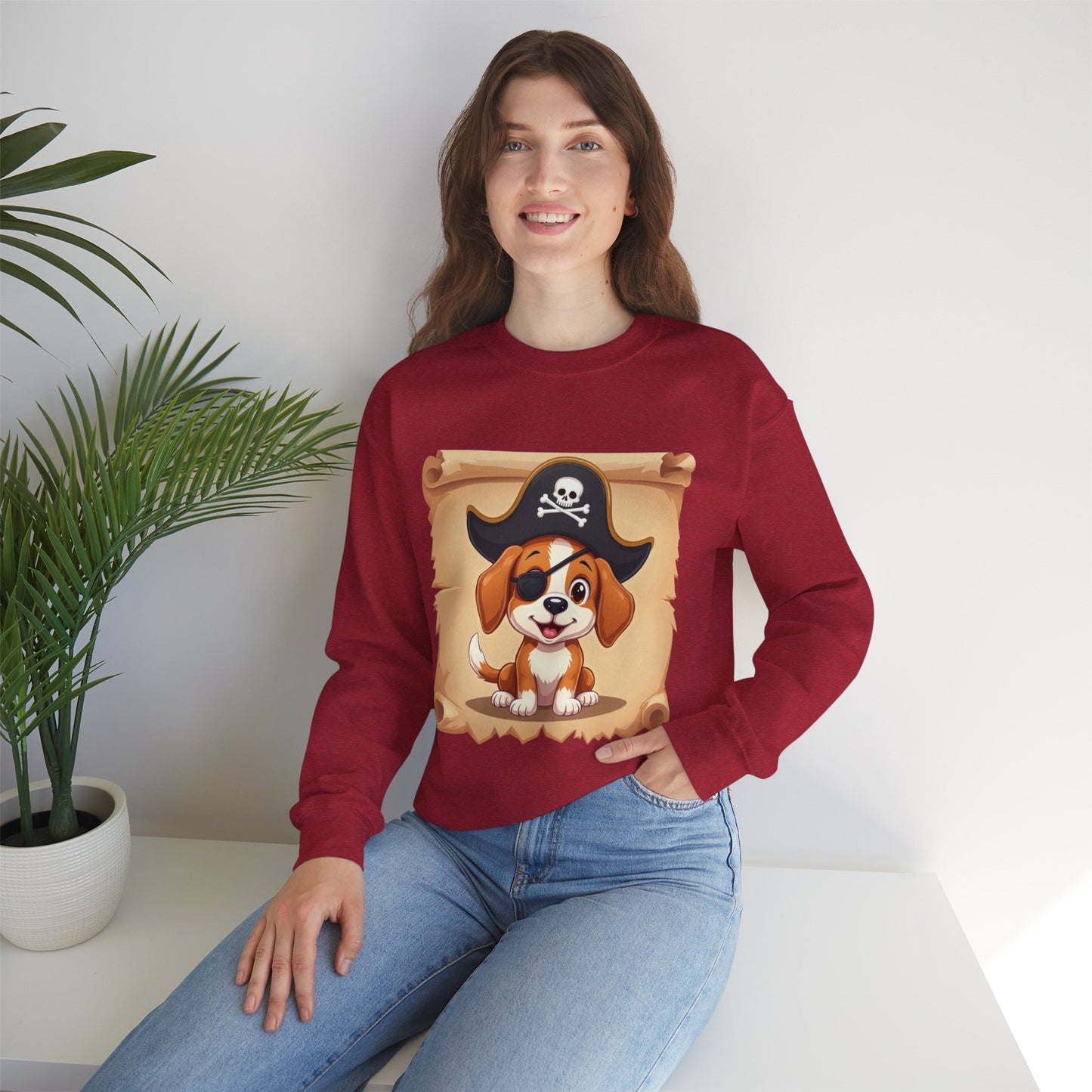 Pirate Dog Crewneck Sweatshirt - Buccaneer Beagle Design with Patch and Hat