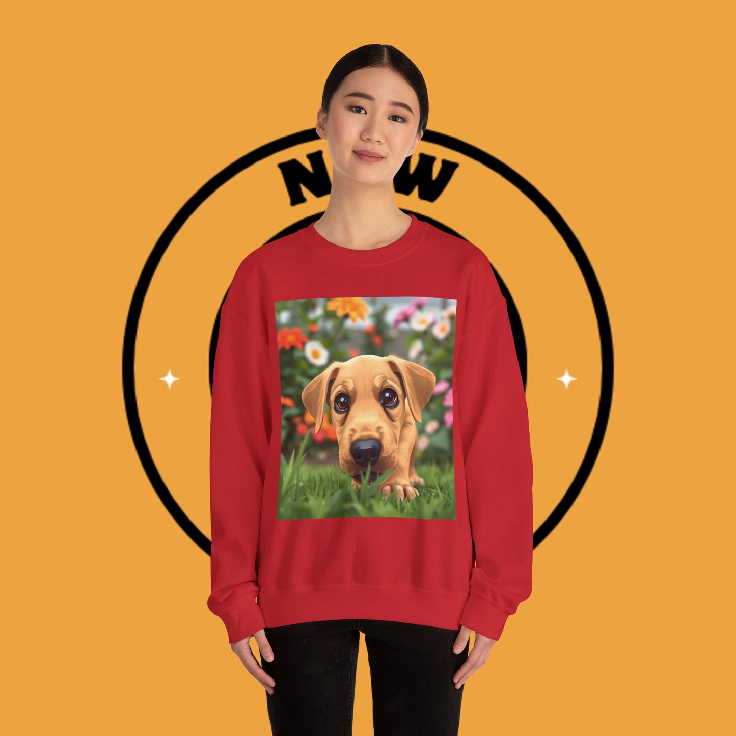 Unisex Dog Lover Crewneck Sweatshirt - Cute puppe with big eyes in floral garden