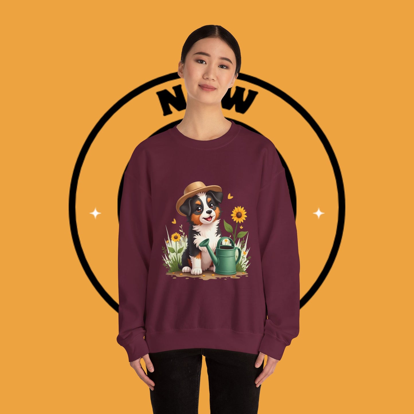 Garden Dog Crewneck Sweatshirt - Cute Puppy Gardener with Sunflowers Design | Green Thumb Gift