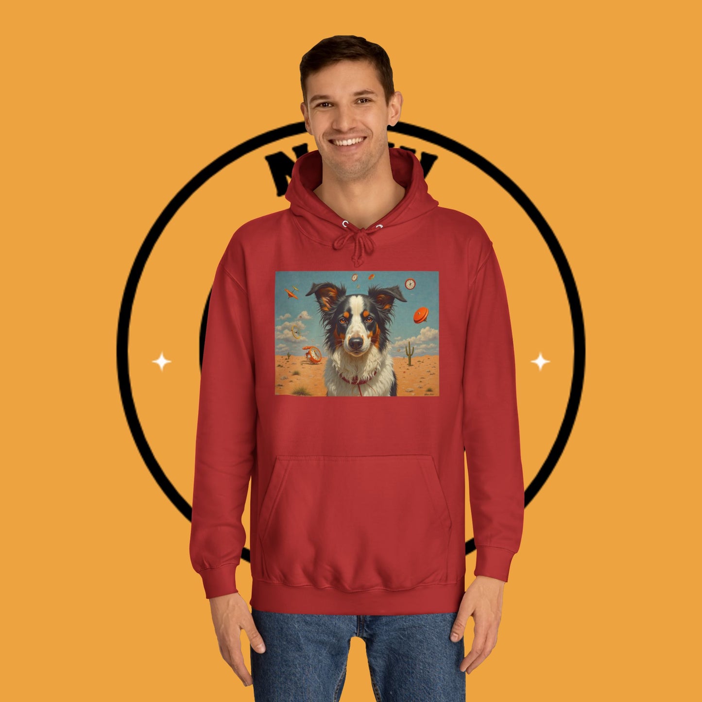 "Surreal Border Collie Time Desert Hoodie - Flying Clocks Artistic Dog Sweatshirt | Dreamlike Fantasy Design"
