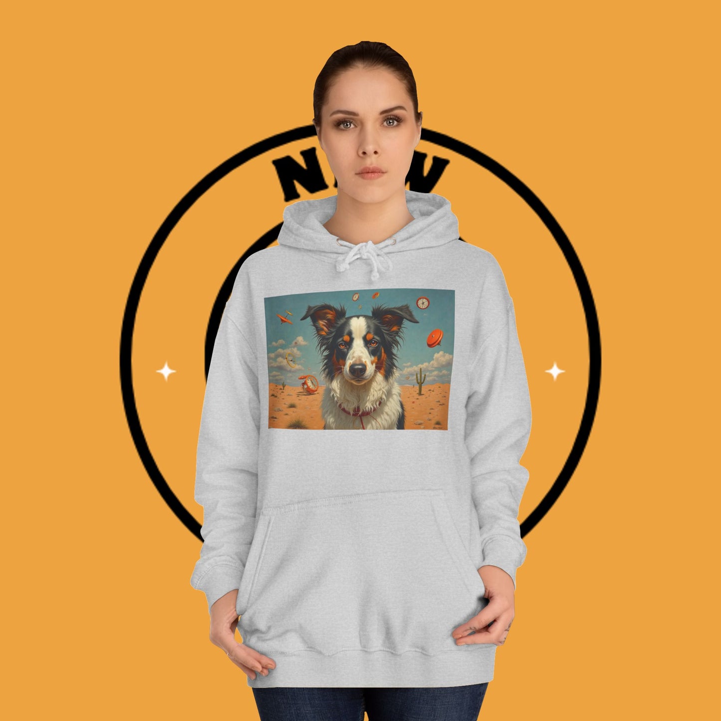 "Surreal Border Collie Time Desert Hoodie - Flying Clocks Artistic Dog Sweatshirt | Dreamlike Fantasy Design"