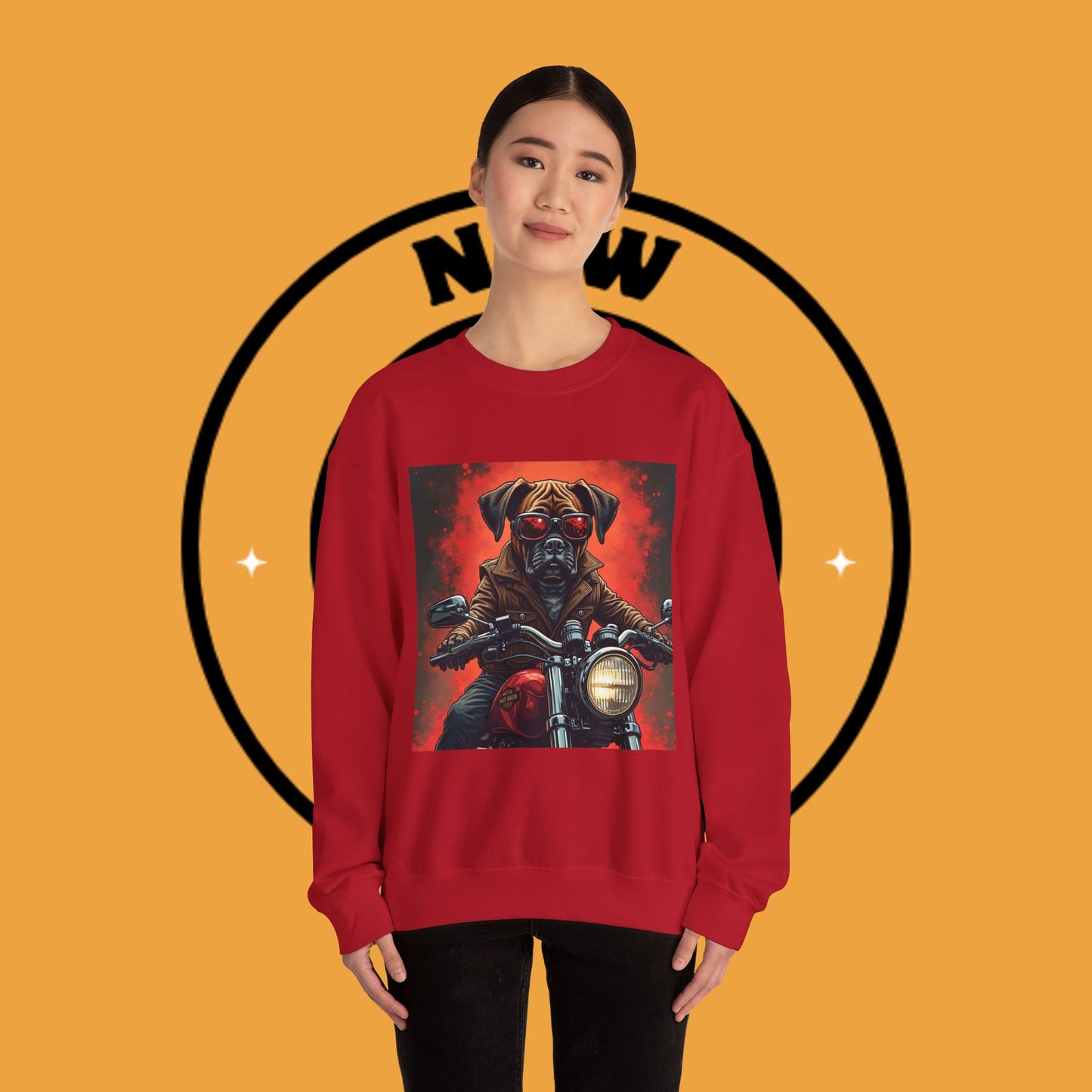 Biker Boxer Dog Crewneck Sweatshirt - Motorcycle Rebel Pup Design - Badass Pet Lover Style