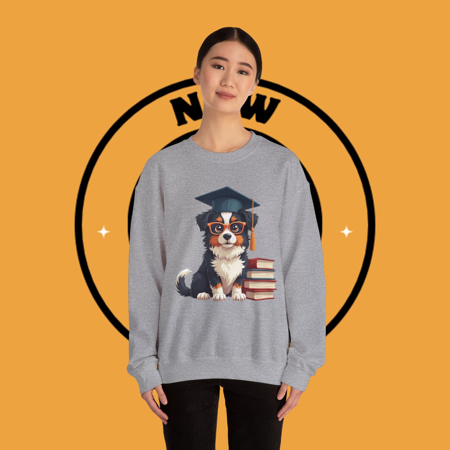 Graduation Dog Crewneck Sweatshirt - Smart Puppy Graduate Cap Books | Academic Achievement Gift