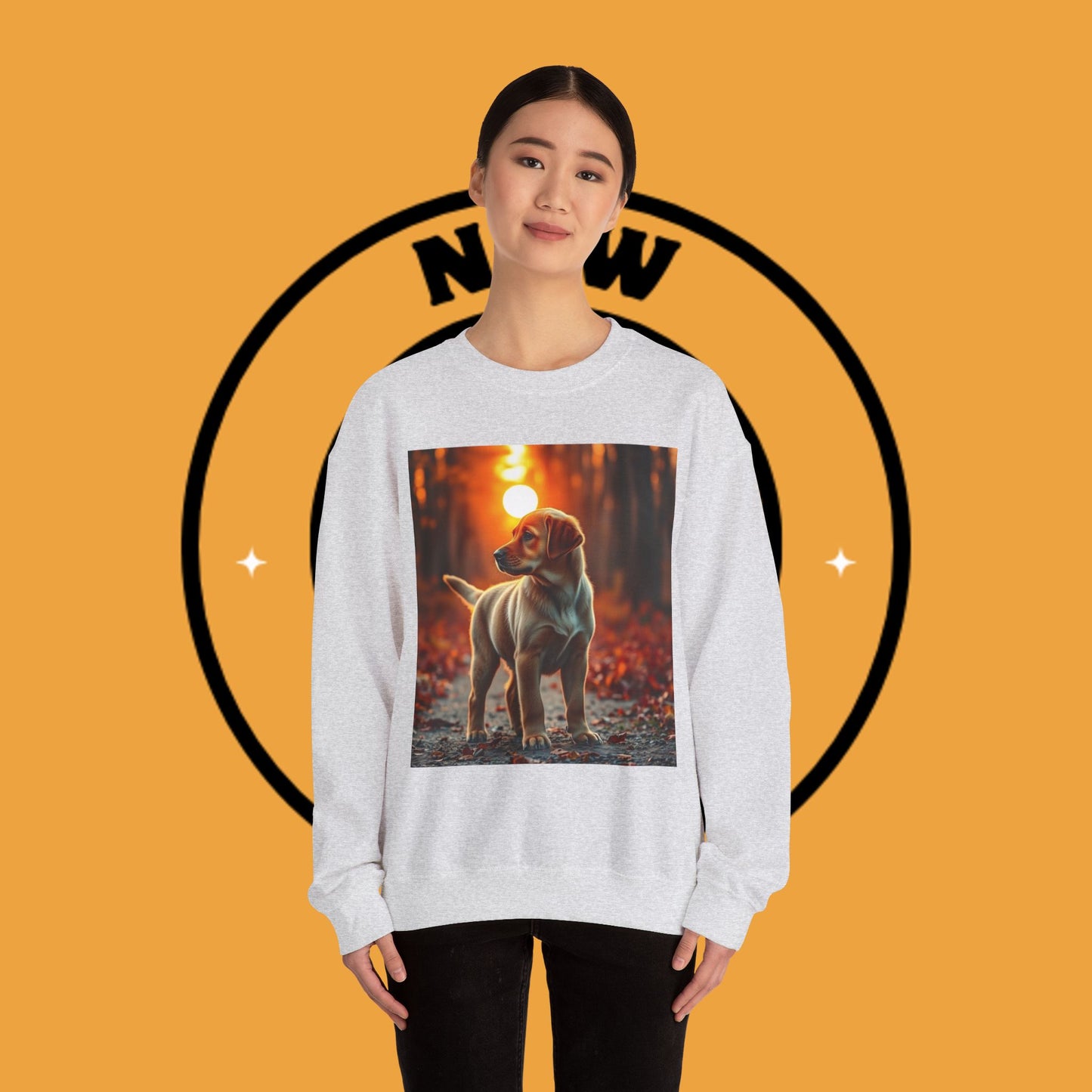 Crewneck Sweatshirt - Labrador Puppy in Autumn Forest with Golden Sunset Light Design