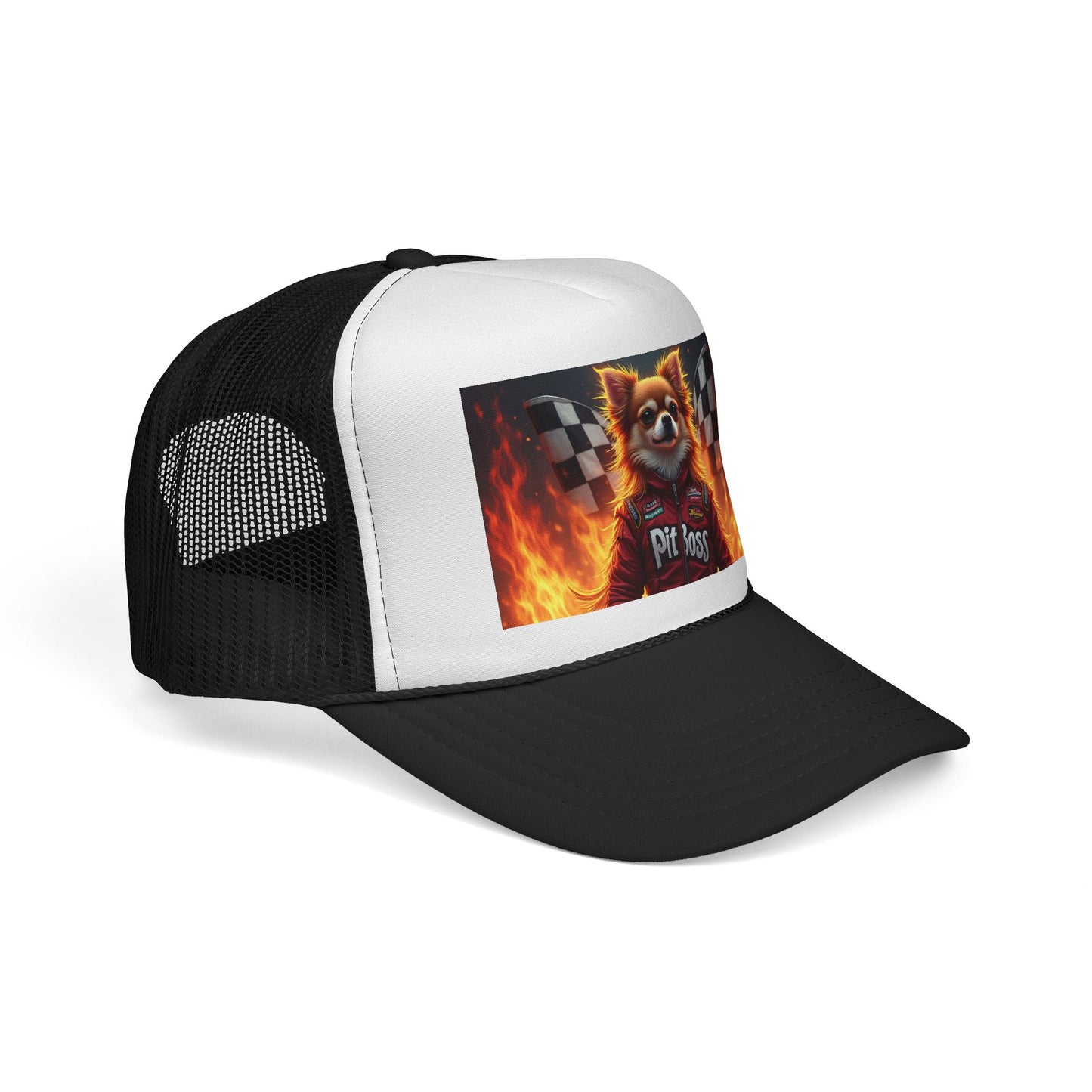 Pit Boss Chihuahua Racing Trucker Hat - Checkered Flag Fire Cap | Motorsports Dog Lover Speed Racing Baseball Hat