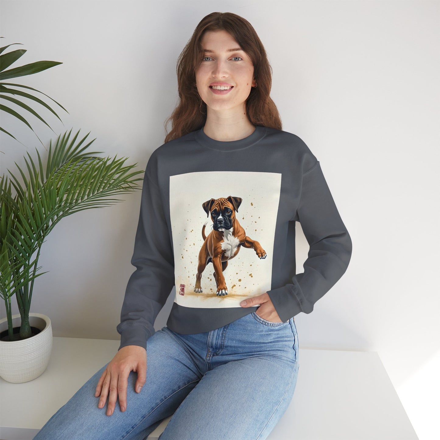 Running Boxer Puppy Crewneck Sweatshirt | Artistic Dog Lover Gift | Dynamic Movement Design