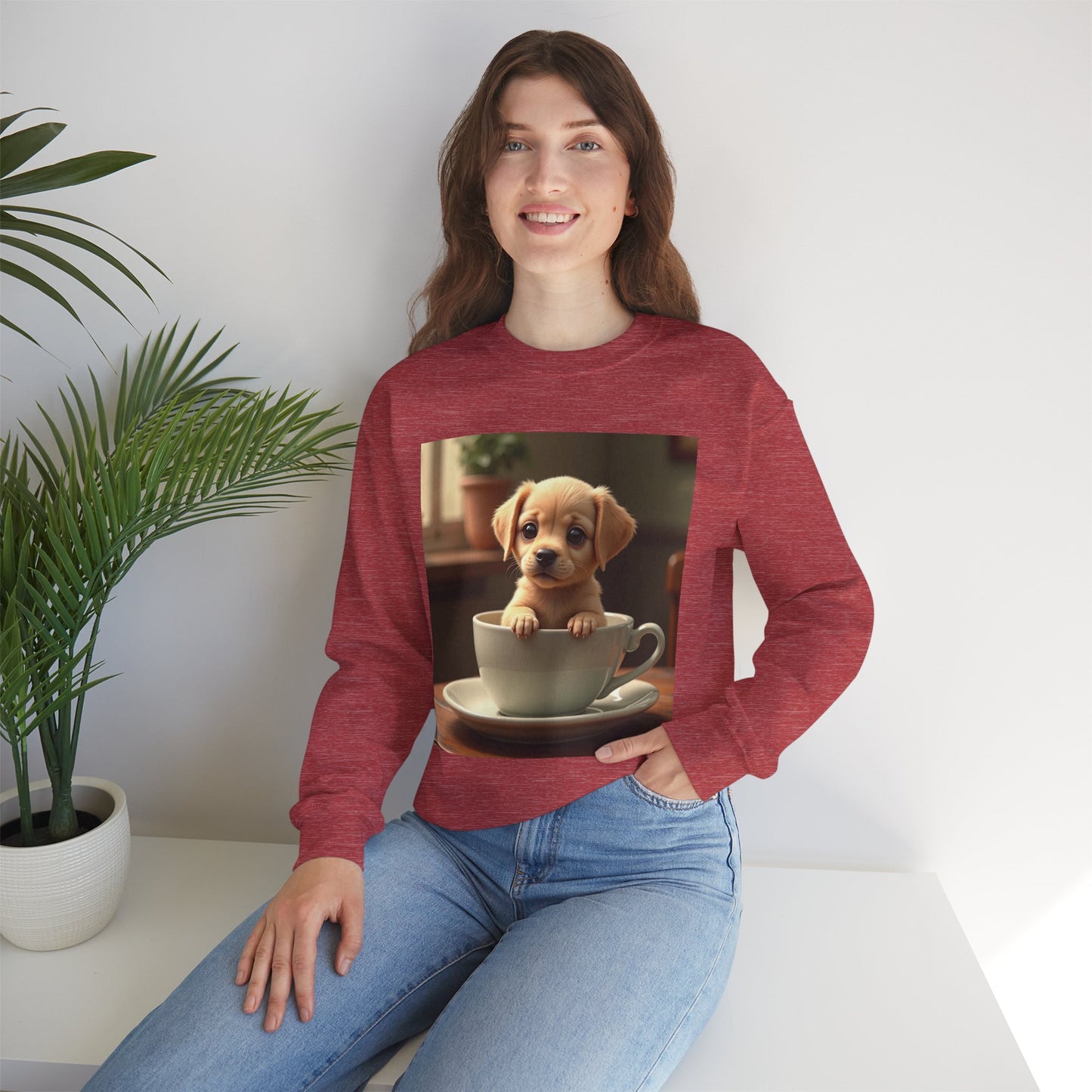 Unisex Dog Lover Crewneck Sweatshirt - Teacup Puppy: Adorable Yellow Lab in Coffee Cup