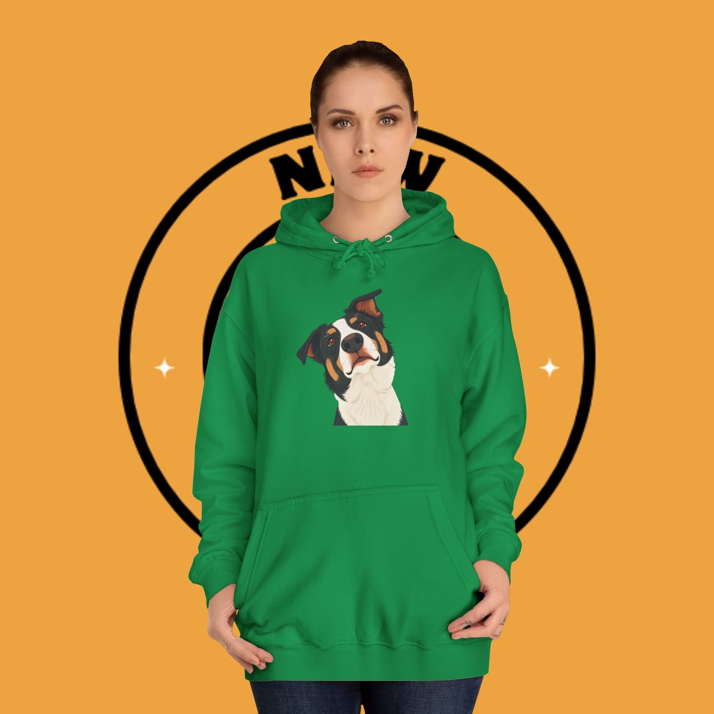 "Happy Border Collie Hoodie - Playful Cartoon Dog with Tilted Head Design | Cute Animal Streetwear"