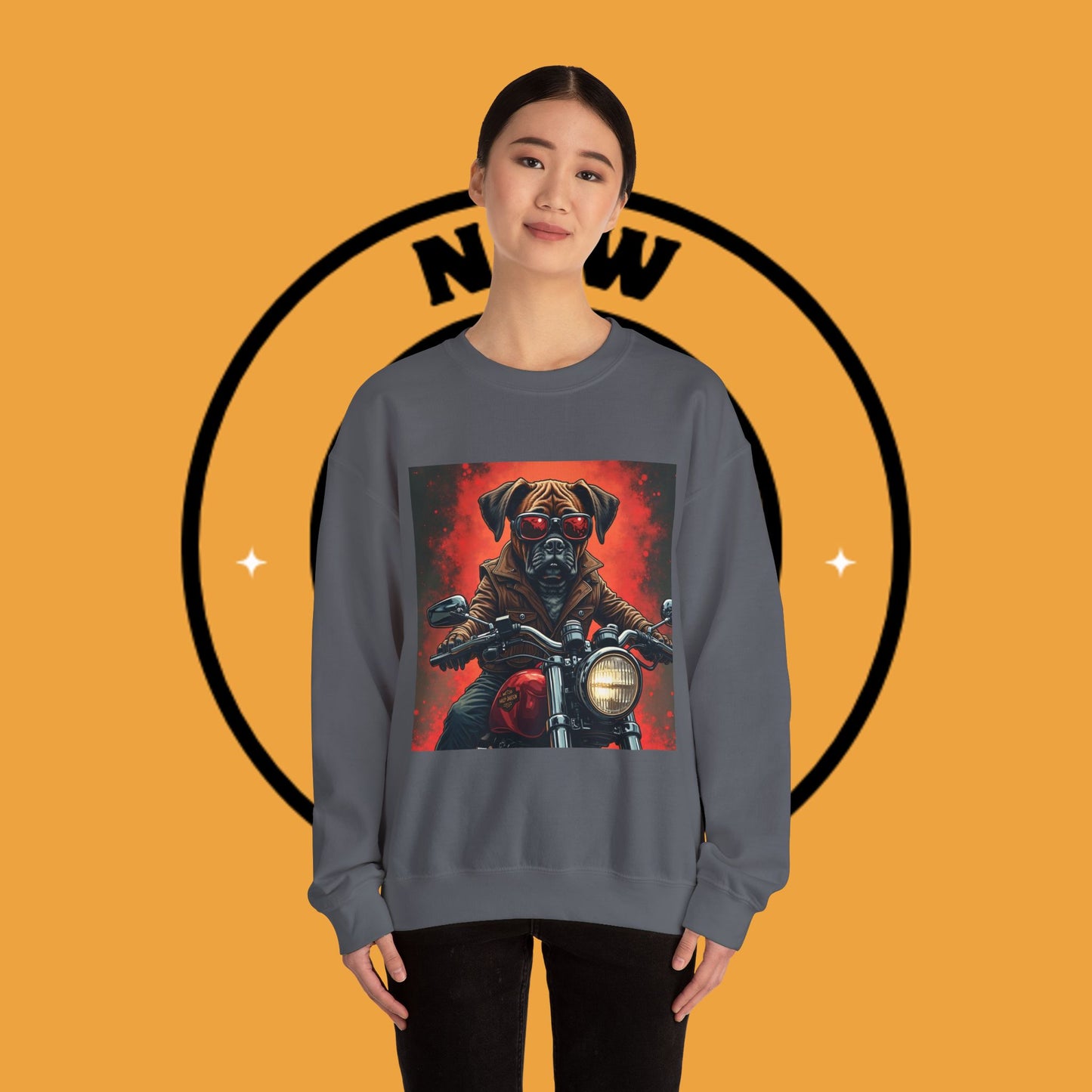 Biker Boxer Dog Crewneck Sweatshirt - Motorcycle Rebel Pup Design - Badass Pet Lover Style