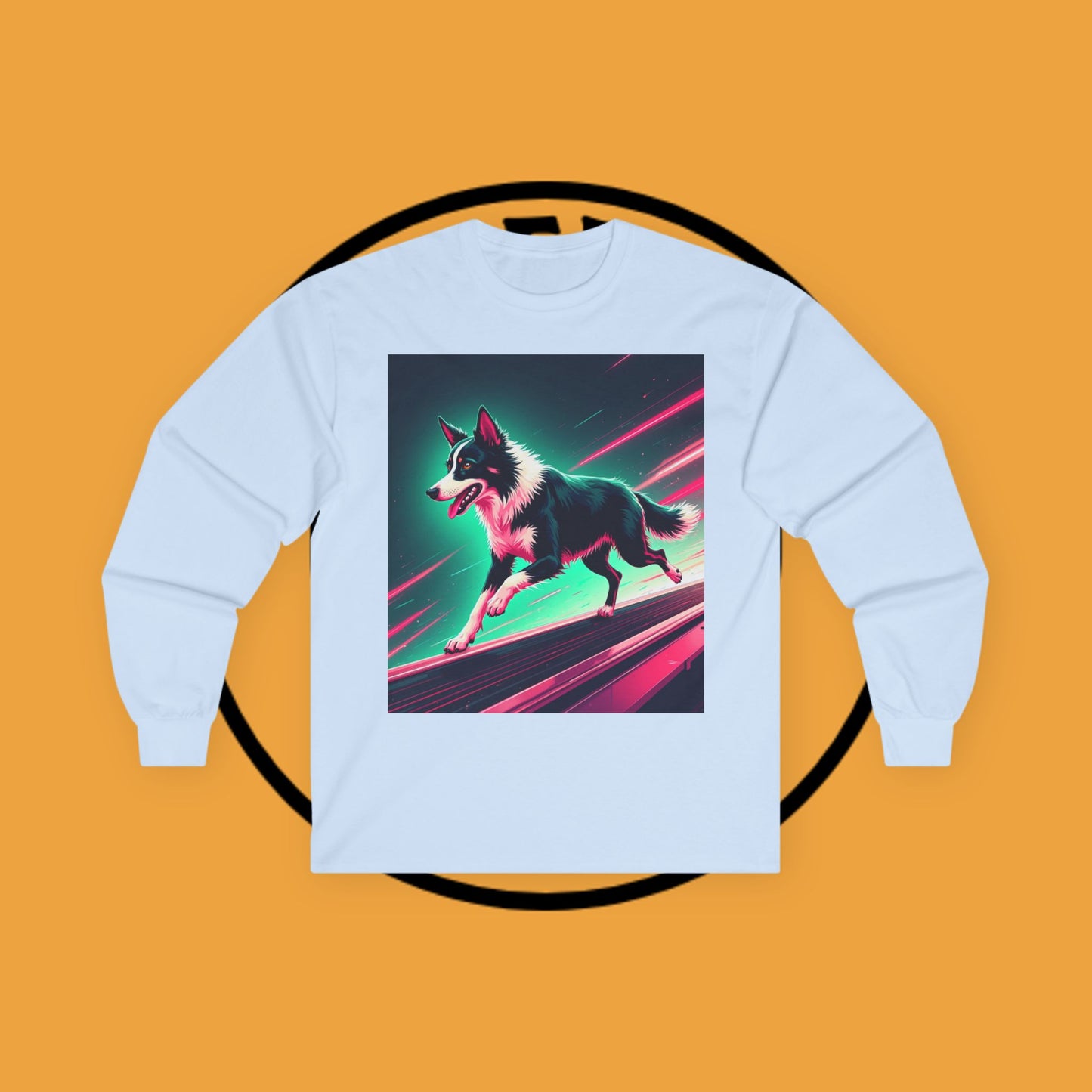 "Neon Speed Dog Long Sleeve Tee - Cyberpunk Running Border Collie Shirt - Futuristic Animal Art Apparel"